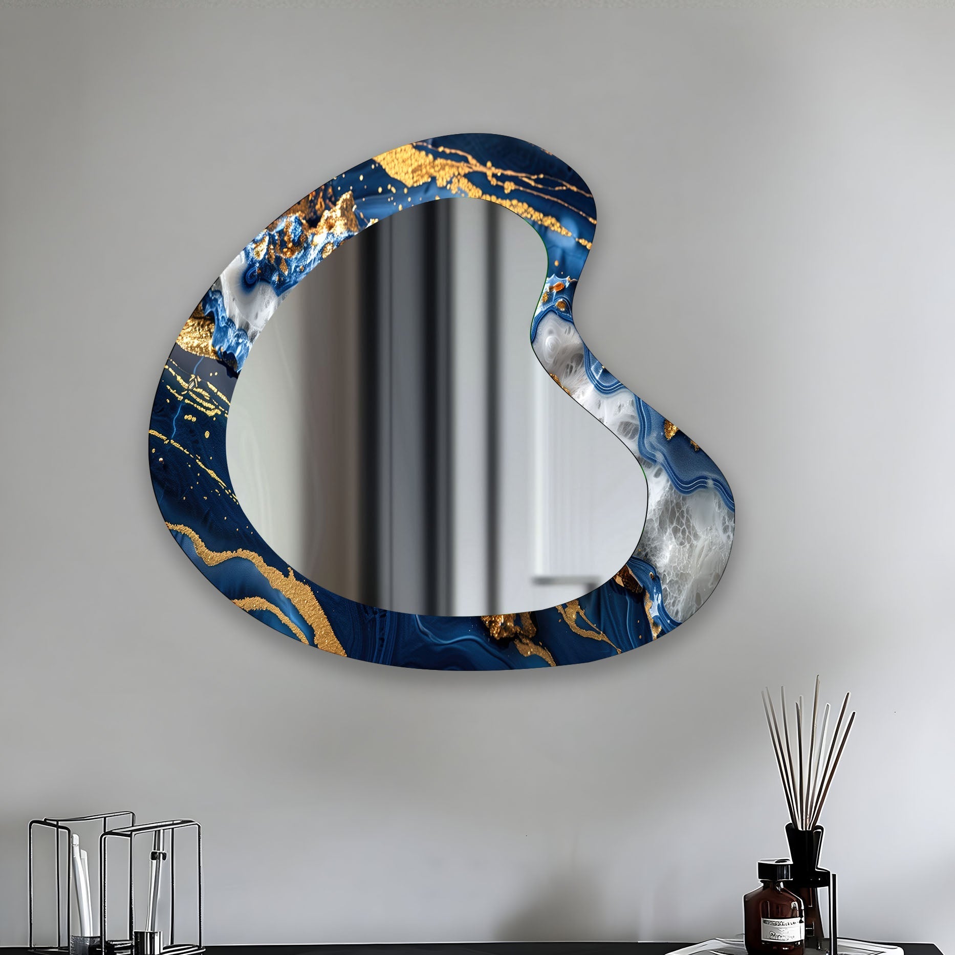 Blue & Gold Marble Irregular Wall Mirror - Modern Decorative Mirror for Living Room, Bedroom, Entryway | Unique Home Decor Accent Piece