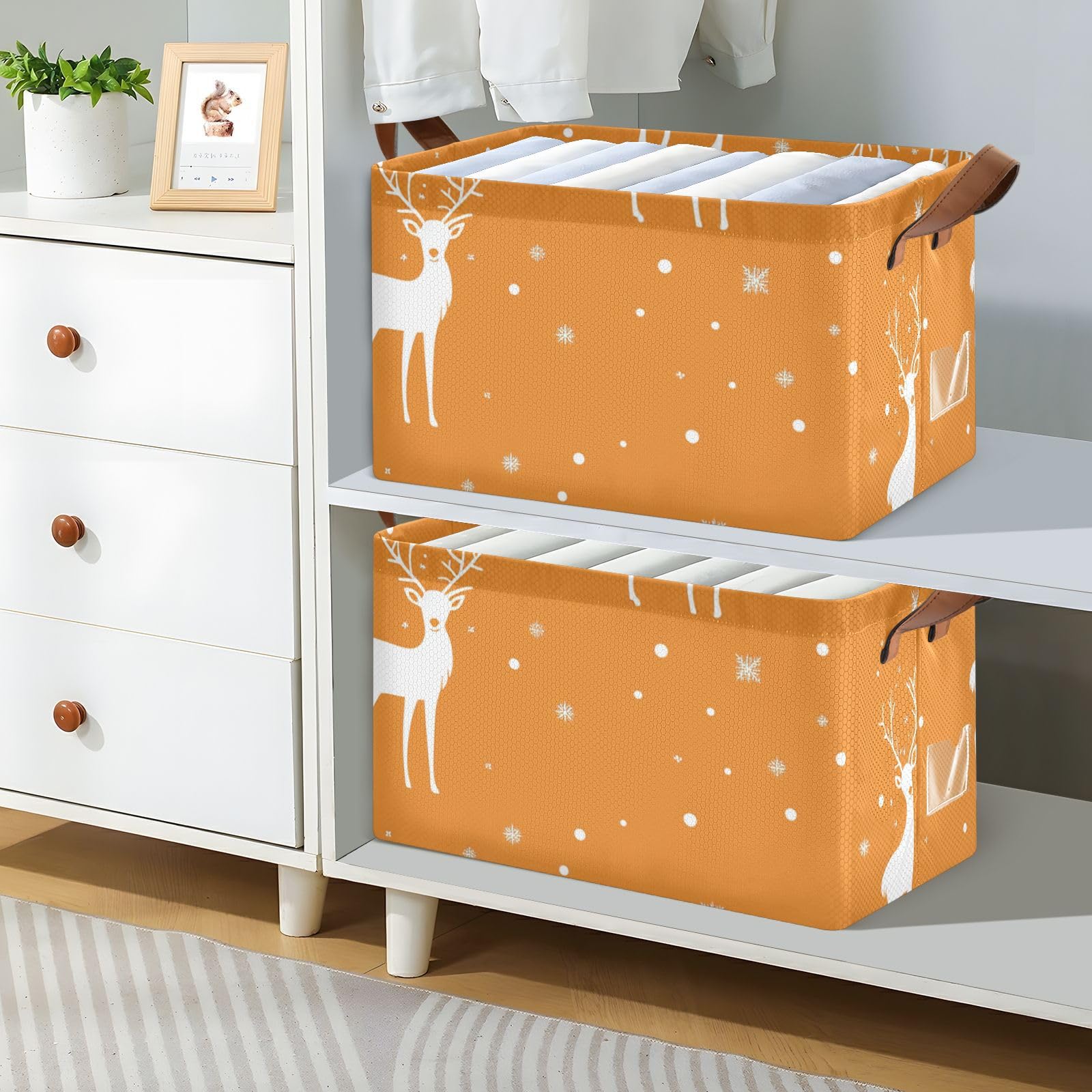Foldable Large Fabric Storage Baskets with Handles - 2 Pack Christmas White Deer Pattern Decorative Organizer for Clothes, Toys & Home Organization | Perfect for Bedroom, Nursery & Holiday Decor