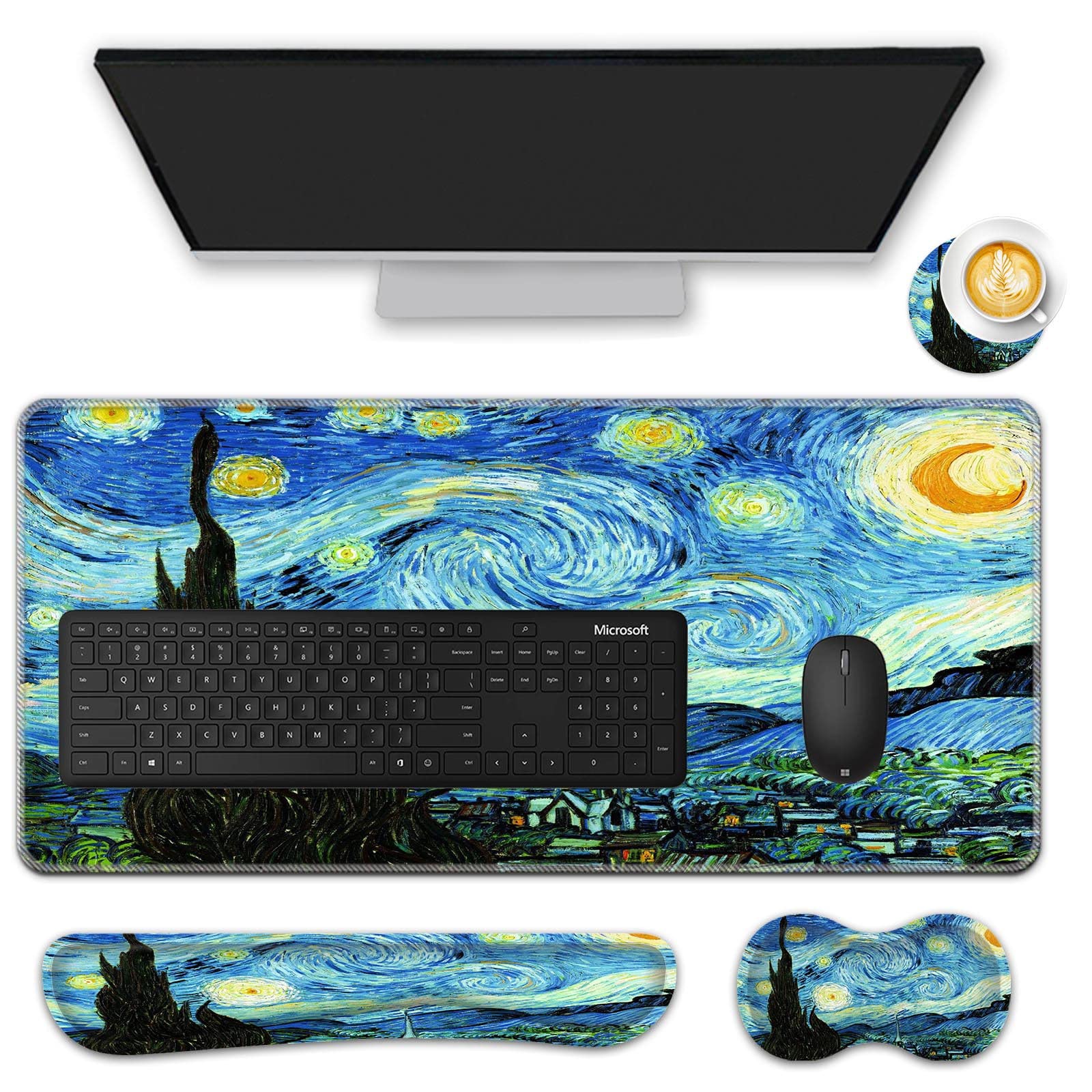 Premium Mouse Pad Set (31.5×11.8 in) - Extra Large Desk Mat with Keyboard Wrist Rest, Mouse Wrist Support & Coaster - Ergonomic Office & Home Computer Accessories for Laptop & PC - Starry Night Design for Comfortable Gaming & Workstation Setup