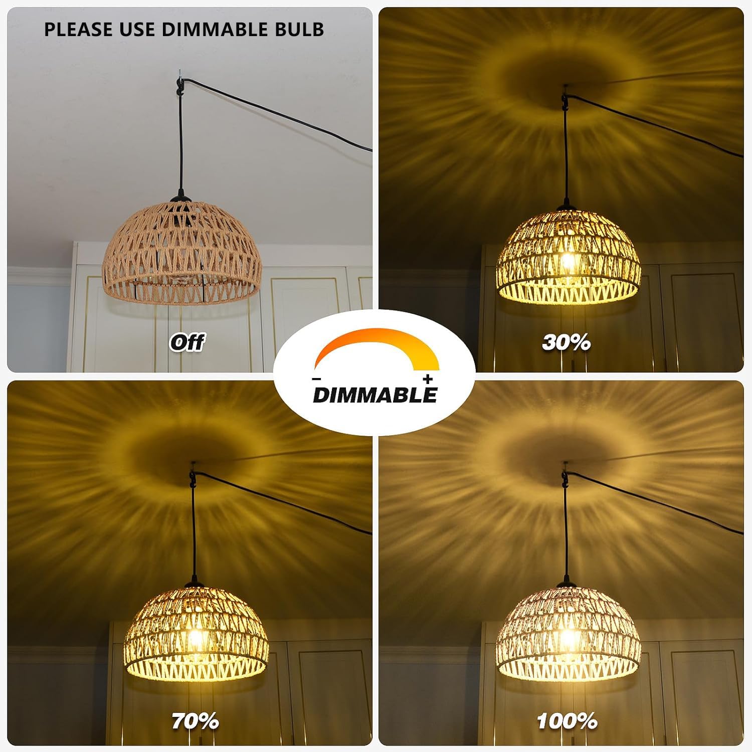 Dimmable Plug-In Pendant Light with 15FT Hemp Rope Cord & Rattan Woven Shade - Industrial Hanging Ceiling Lamp for Kitchen, Dining Room, Bedroom, Cafe Decor