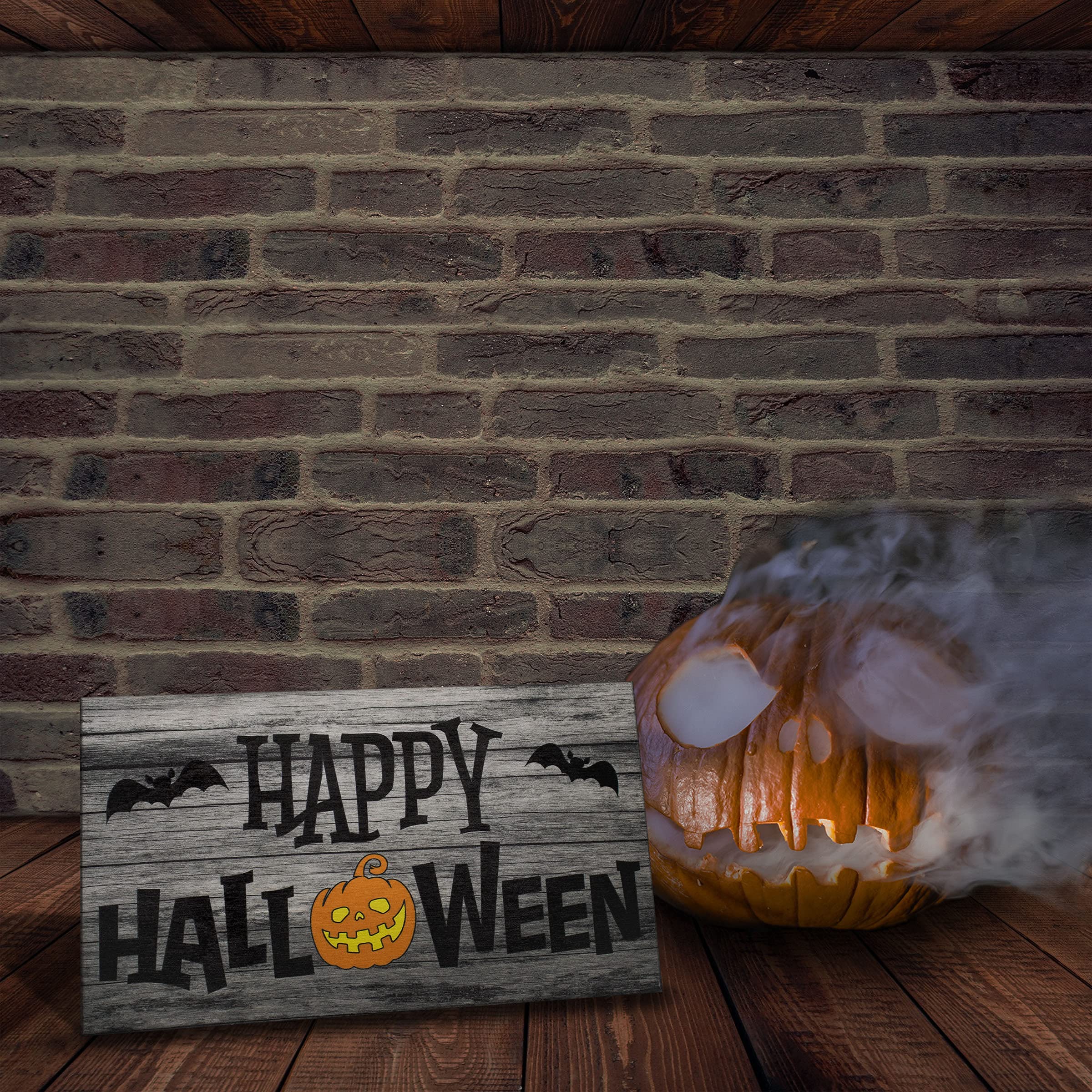 JennyGems Halloween Wooden Sign - Happy Halloween Indoor Decor with Bats & Pumpkin Design - Made in USA - Perfect for Halloween Party, Home, Porch & Table Decoration