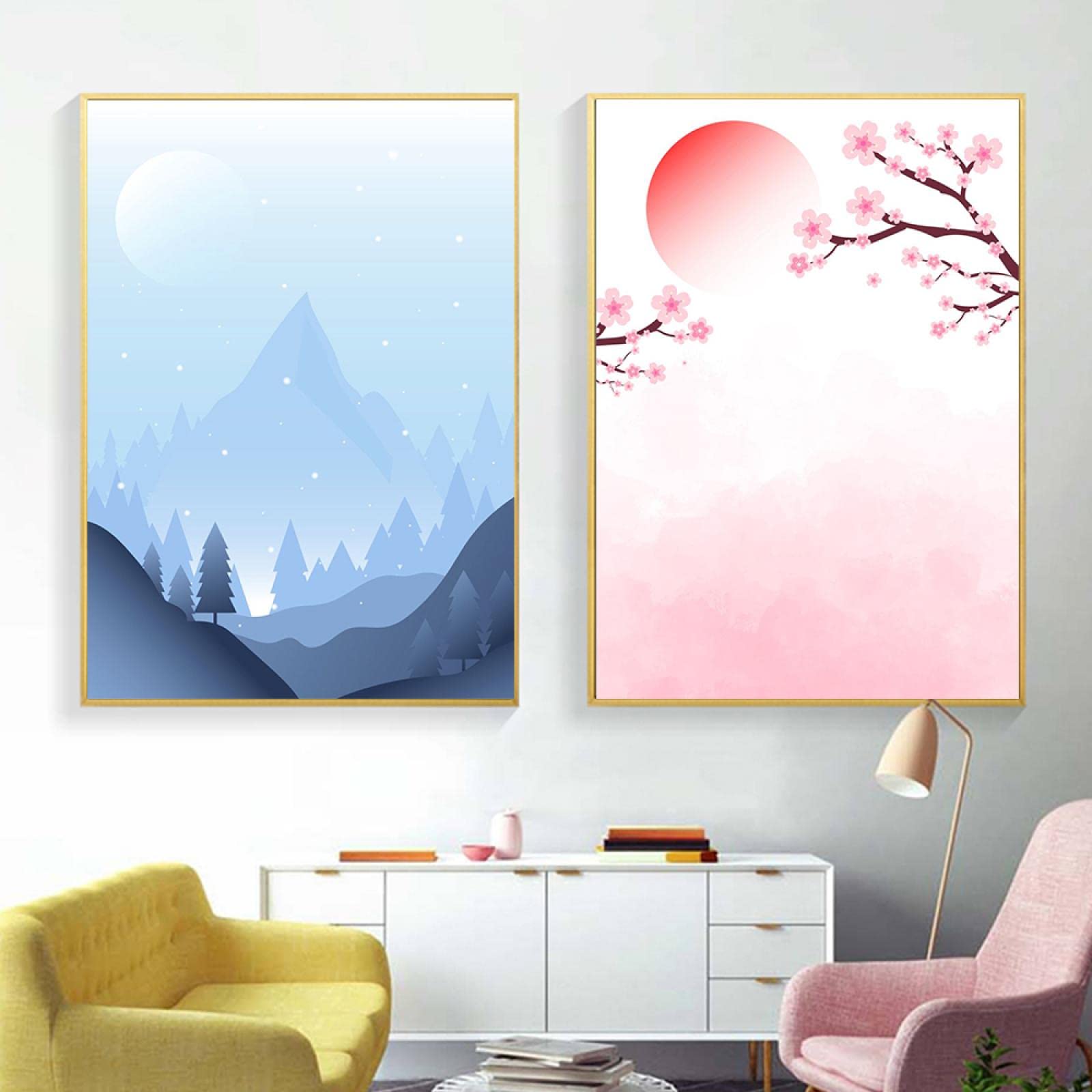 Japanese Cherry Blossom Sakura Tree Wall Art Canvas Print - Aesthetic Mountain Landscape Poster for Living Room & Bedroom Decor | Home Office Wall Decorations