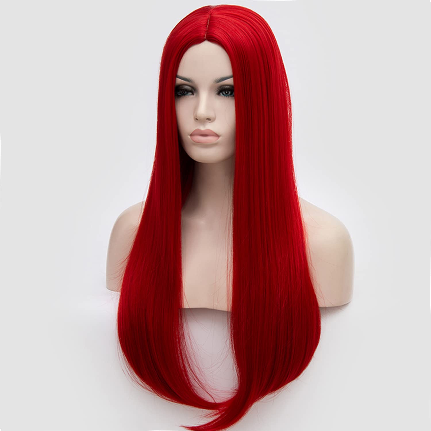 BERON 27 Inches Long Straight Synthetic Wig for Women - Vibrant Neon Red Heat Resistant Hairpiece with Adjustable Wig Cap - Perfect for Cosplay, Halloween, Parties & Daily Wear