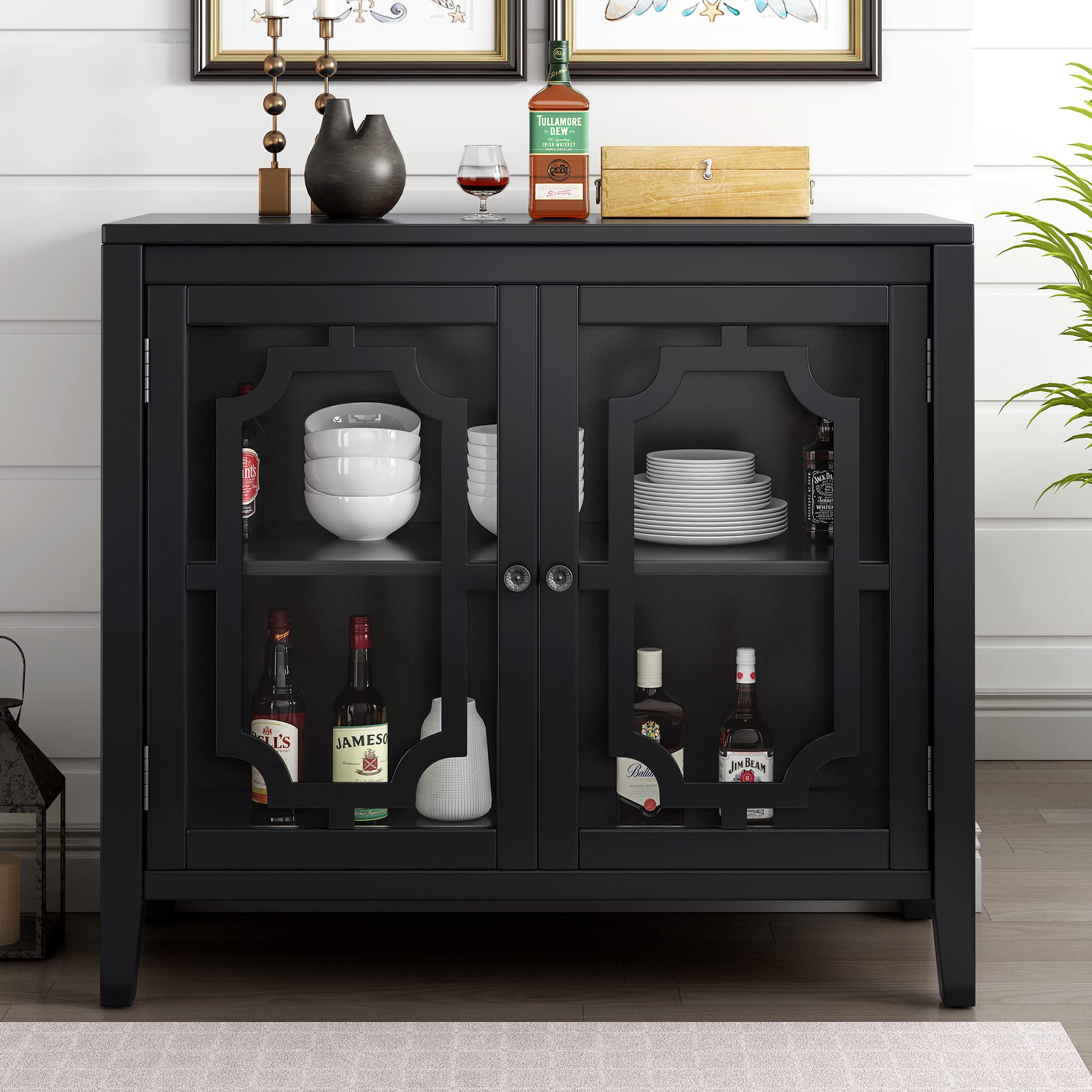 P PURLOVE French Style Accent Storage Cabinet with Glass Door & Adjustable Shelves - Entryway, Kitchen, Dining Room & Living Room Storage Solution for Home Organization & Display