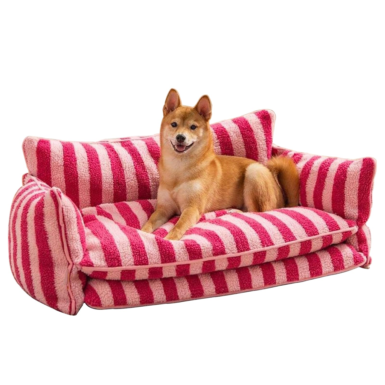 Trendy Striped Faux Lambswool Double Layer Dog & Cat Sofa Bed - Washable Removable Pet Couch for Small Medium Large Pets - Cozy Square Pet Bed for Living Room, Bedroom & Office (XL, Pink)