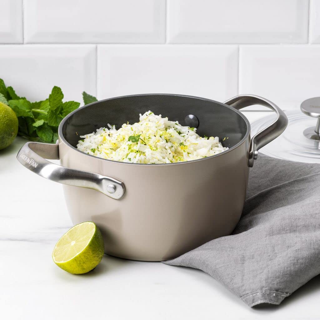 GreenPan Healthy Ceramic Nonstick 2QT Rice Cooker & Soup Pot with Lid - PFAS-Free, Induction Compatible, Dishwasher & Oven Safe (Taupe) - Perfect for Cooking Rice, Soups, Stews & One-Pot Meals