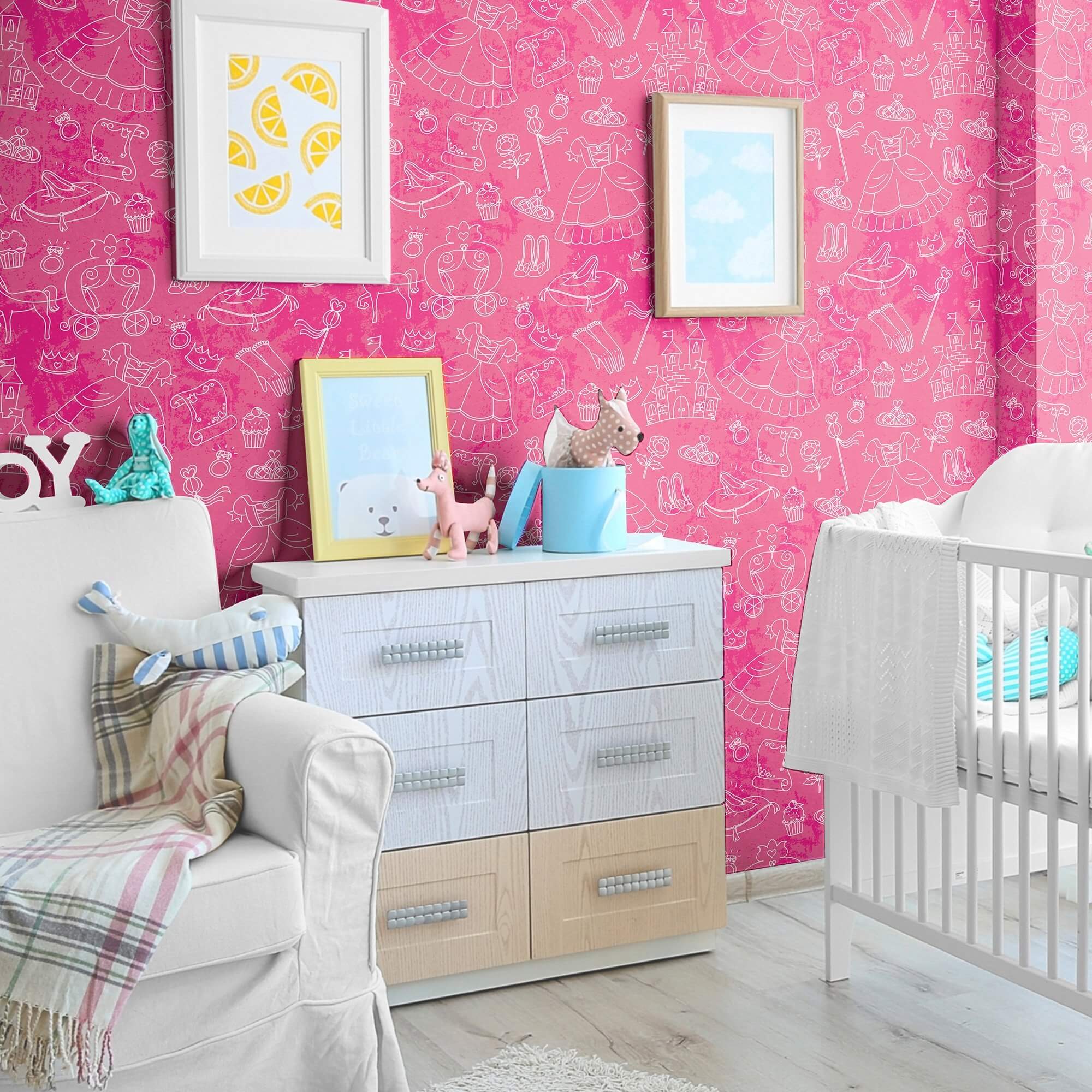 Pink Royalty Children's Peel and Stick Removable Wallpaper - Self-Adhesive Nursery Decor for Girls' Bedroom & Playroom