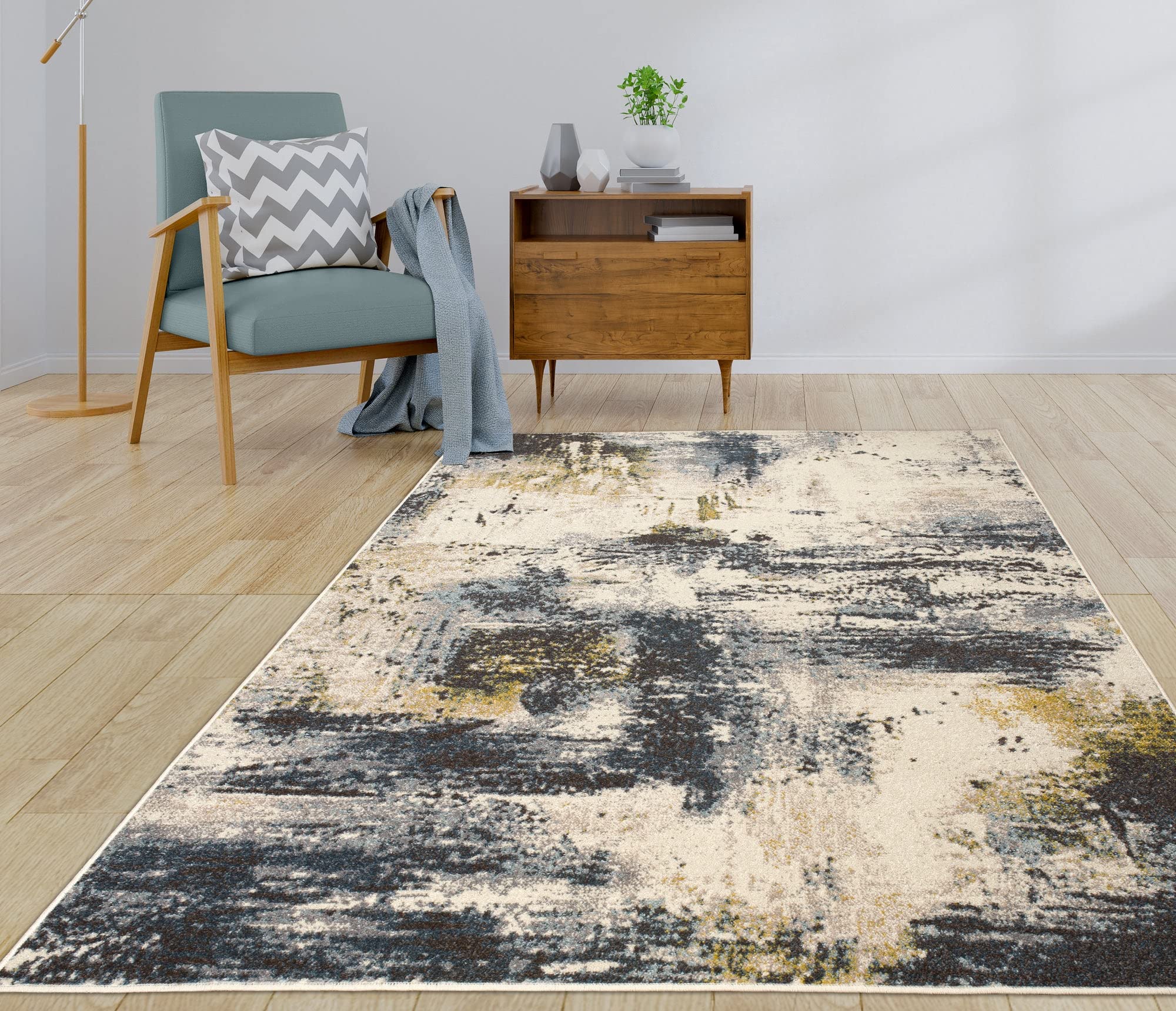 LaDoe Abstract Rustic Minimalist Area Rug - Soft Non-Slip Living Room & Bedroom Carpet (Mustard Blue, 2'7