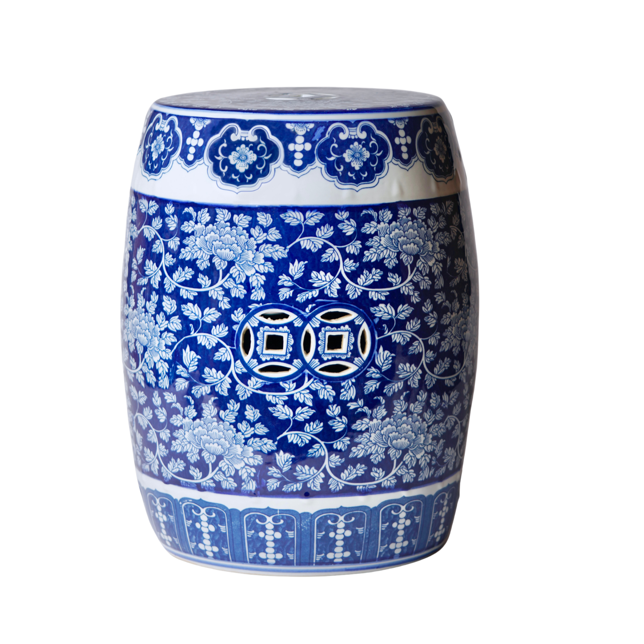 Exquisite Blue and White Porcelain Garden Seat with Dark Peony Design – Perfect for Outdoor Patio, Porch, and Garden Decor