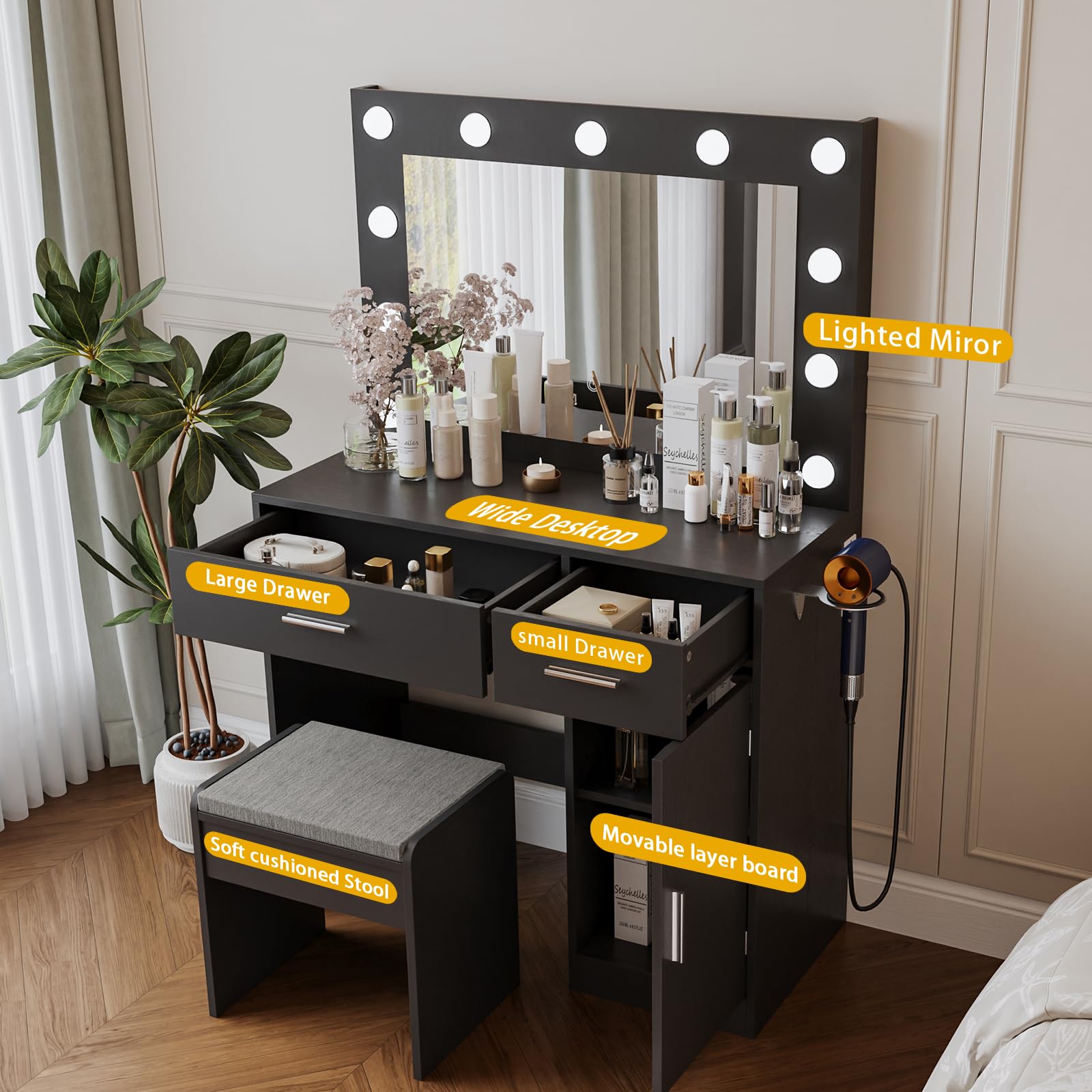 Elegant Vanity Desk with Mirror, Large Storage Drawer & Built-in Power Outlet - 11 LED Bulbs & 3 Adjustable Lighting Modes, Perfect Makeup Dressing Table for Bedroom, Home Decor (Black) | Ideal for Makeup Application, Skincare Routine & Home Styling
