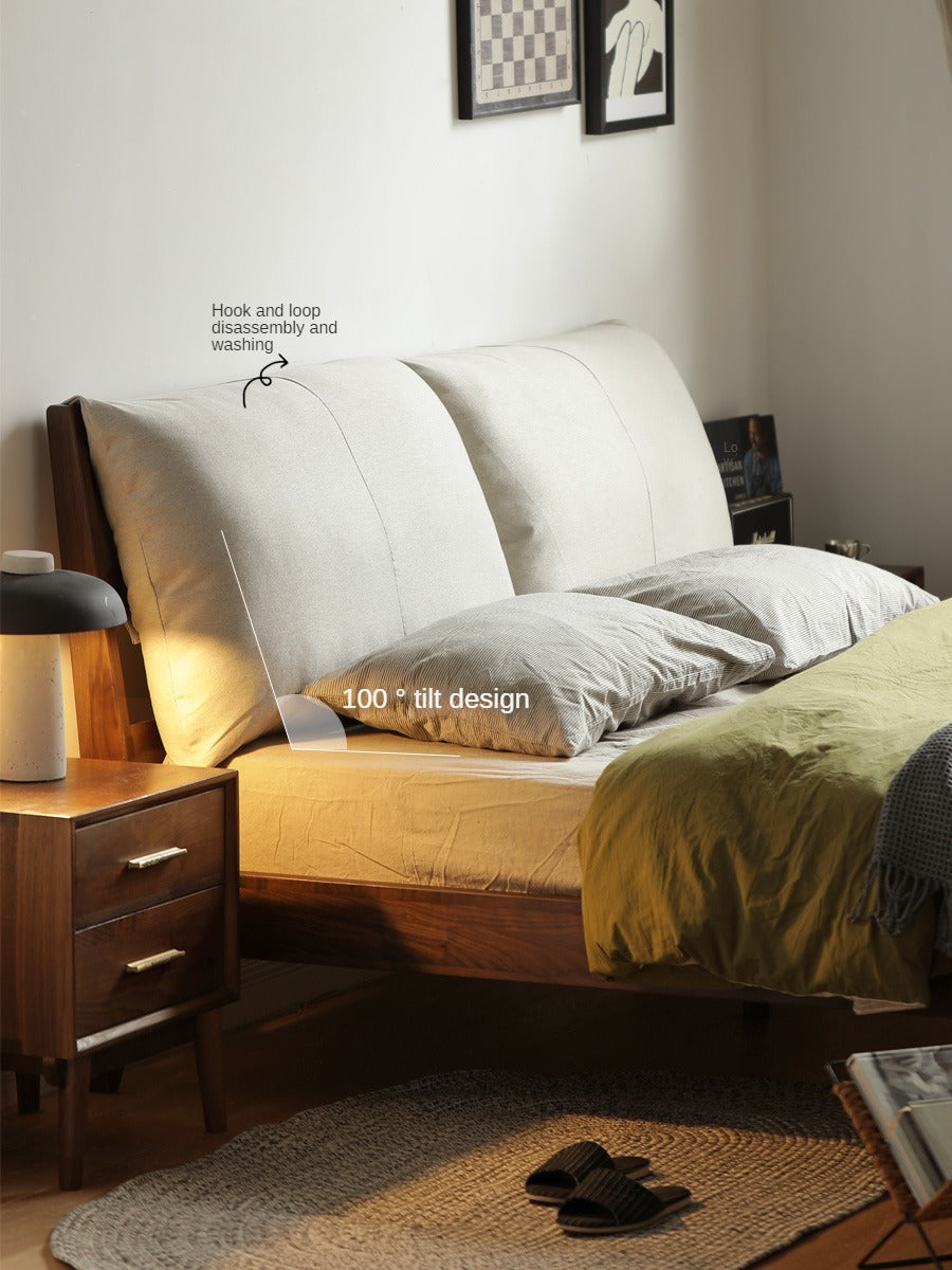 Premium Black Walnut Solid Wood Bed Frame - Queen Size Platform Bed with Soft Upholstered Headboard | Modern Bedroom Furniture for Master & Guest Rooms