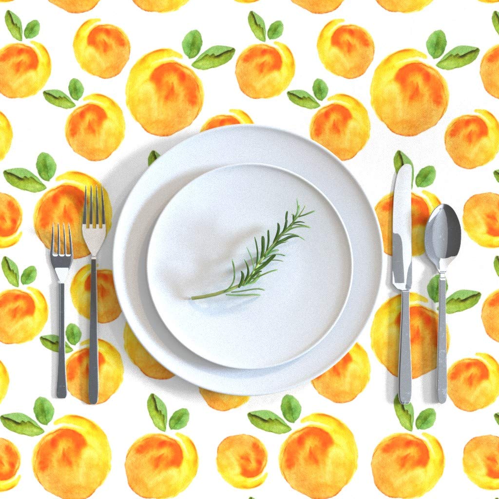 Custom Peach White Apricot Watercolor Fruit Print Cotton Sateen Tablecloth 70x144 Inches - Summer Kitchen Decor, Dining Table Cover for Parties & Outdoor Picnics