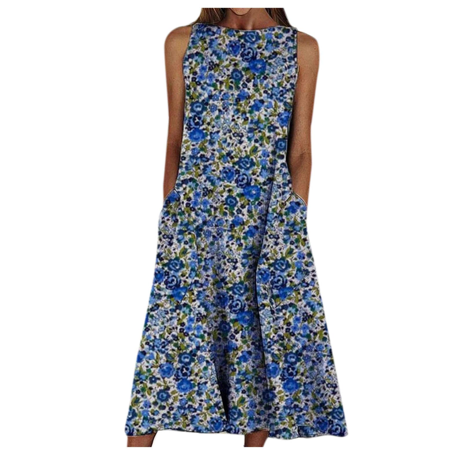 Women's Plus Size Maxi Dress with Pockets - Floral Print Round Neck Swing Dress for Beach Summer Holiday | Perfect for Vacations, Parties & Casual Outings