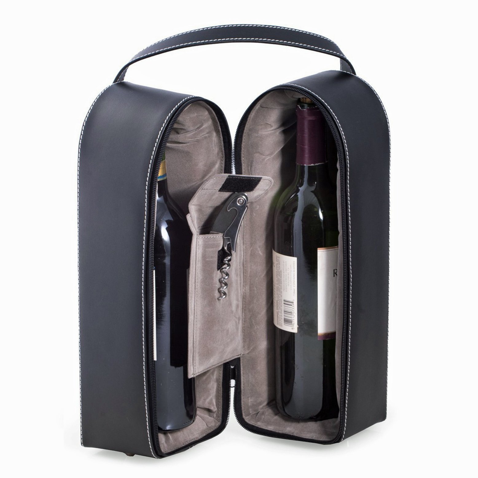 Premium Black Leather Wine Holder for 2 Bottles - Elegant Wine Caddy with Built-in Bar Tools - Perfect for Home Bars, Wine Cellars & Gifts for Wine Lovers