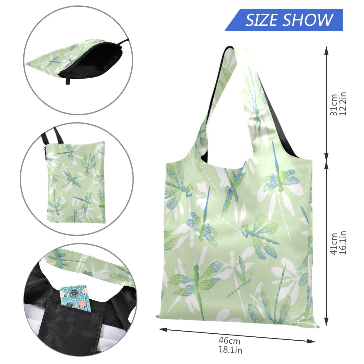 Blueangle Dragonfly Lace Design Reusable Grocery Bags - Large Foldable Shopping Tote with Long Handle, Eco-Friendly Produce Bag (Packs into Pouch) - Perfect for Farmers Markets, Grocery Shopping & Travel