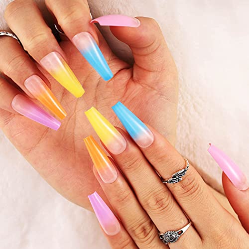Blufly 24Pcs Colorful Ombre Long Press on Nails - Glossy Coffin Fake Nails with Cute Ballerina Design, Full Cover Acrylic False Nails Tips for Women and Girls - Perfect for Parties, Weddings, and Special Occasions
