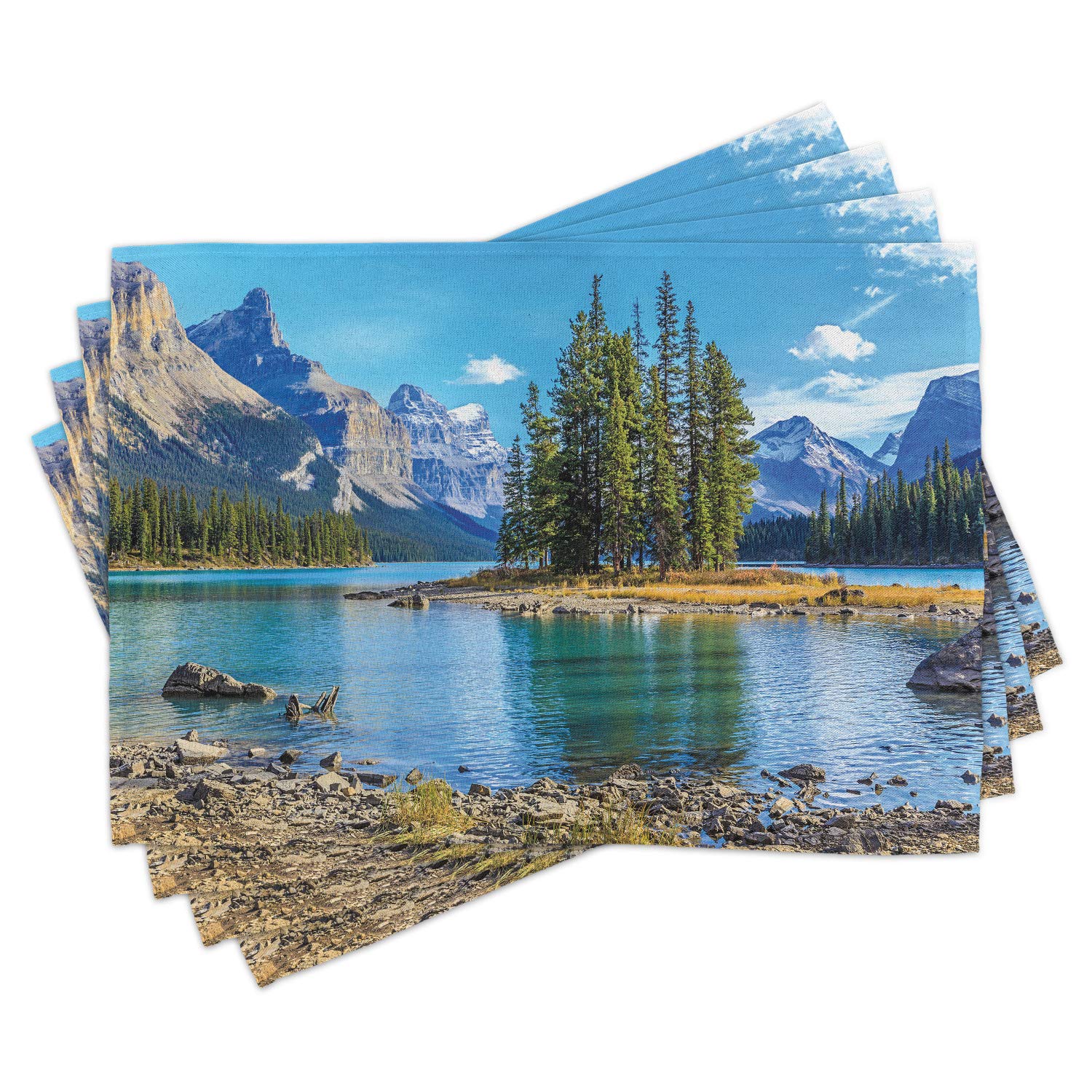 Lunarable Mountain Place Mats Set of 4 - Scenic Spirit Island & Maligne Lake Canada Summer Landscape - Washable Fabric Table Mats for Dining Room & Kitchen Decor in Pale Blue Green Tan - Perfect for Dinner Parties & Holiday Gatherings