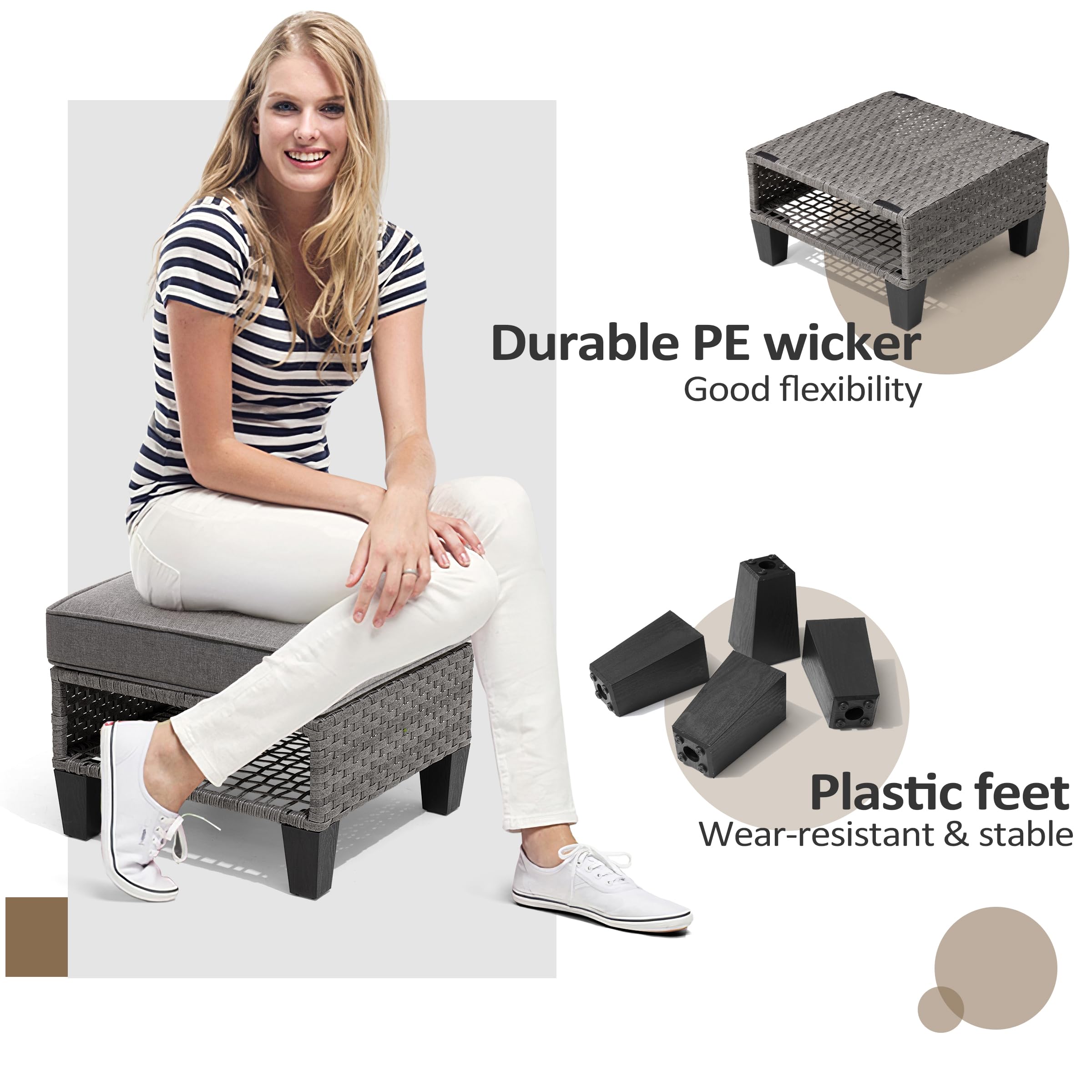 2-Piece Outdoor Patio Wicker Ottoman Set with Removable Cushions - Indoor Rattan Footrest Seat for Living Room, Bedroom, Balcony, Backyard & Garden - Perfect for Relaxing and Decorating Your Home