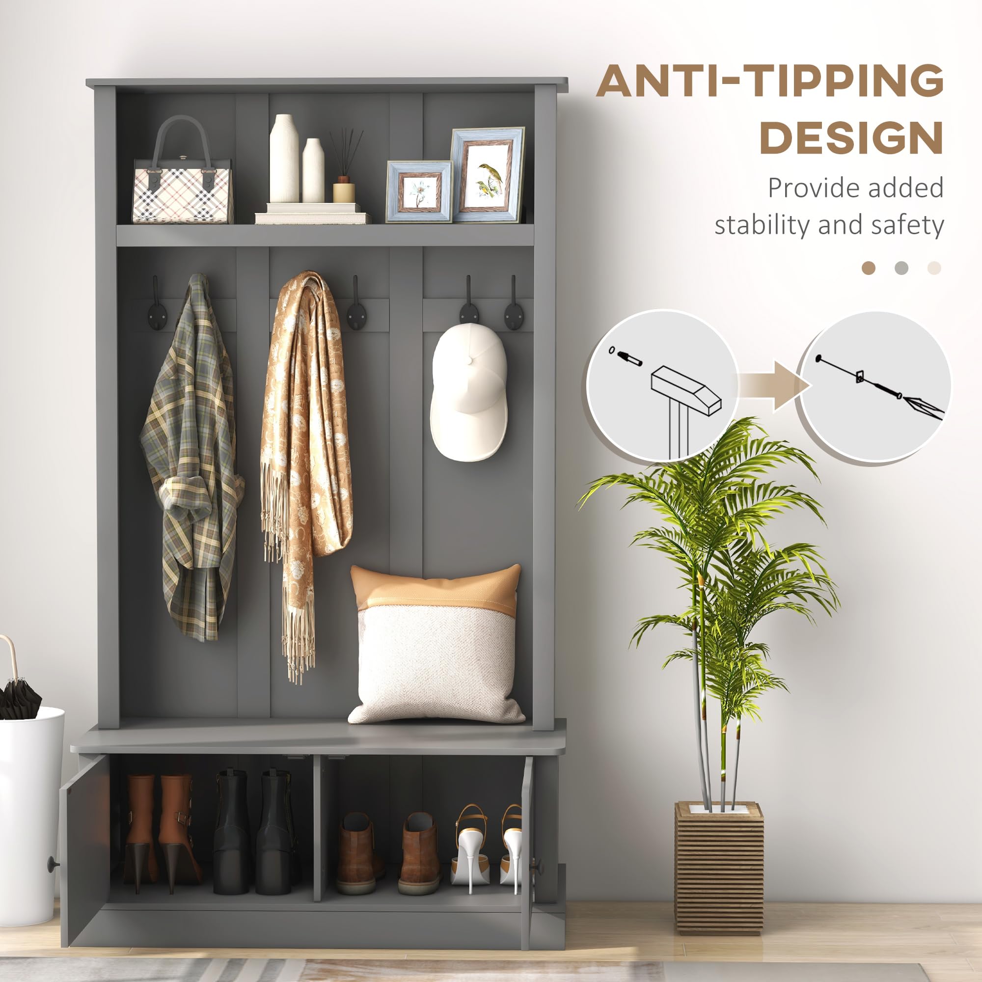 HOMCOM Entryway Bench with Storage & Hooks - Hall Tree Coat Rack, Shoe Storage Cabinet & Shelf - Mudroom Bench for Hallway, Living Room & Entryway Organization - Gray