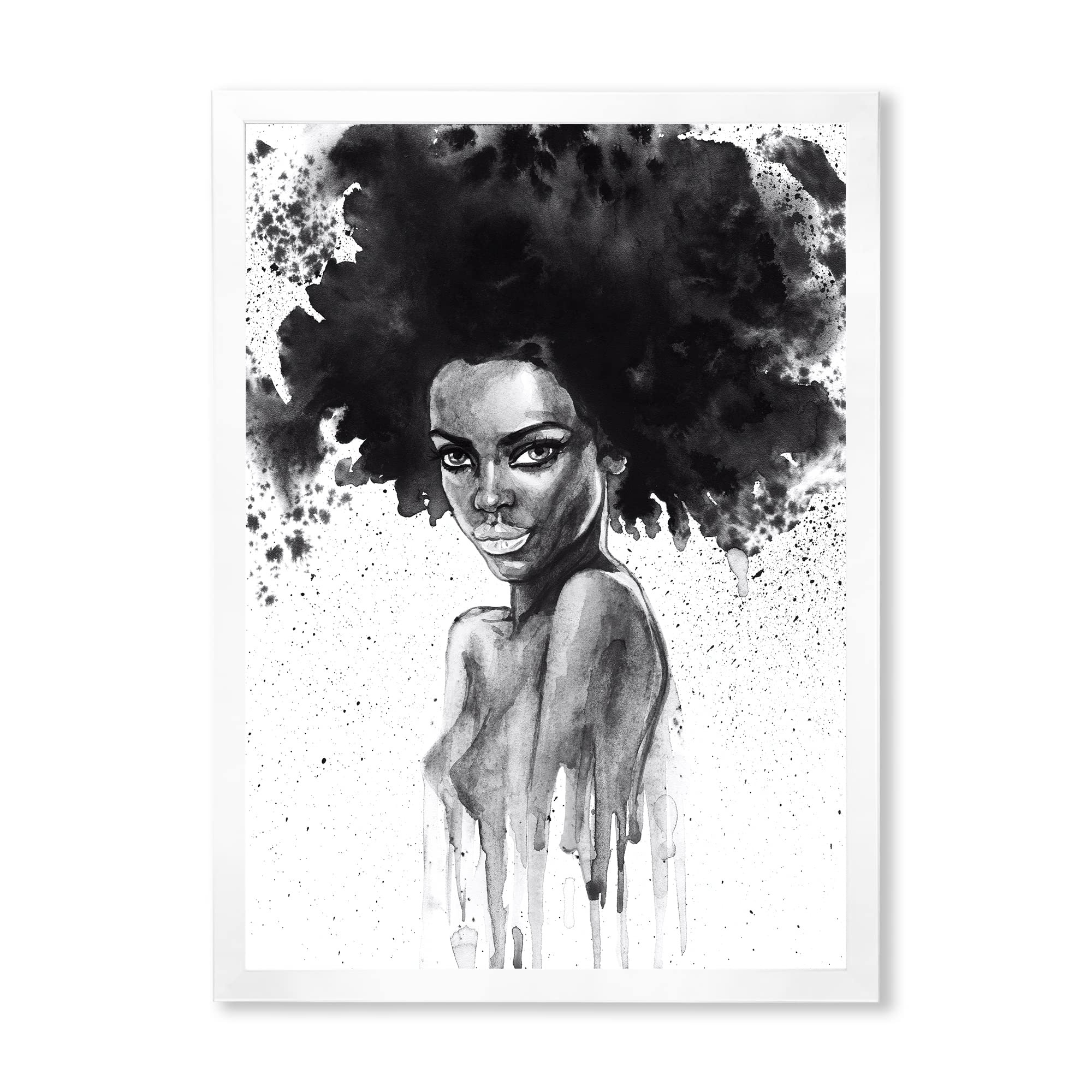 DesignQ Black and White Portrait of African American Woman - Modern Framed Wall Art Decor for Living Room, Bedroom & Office