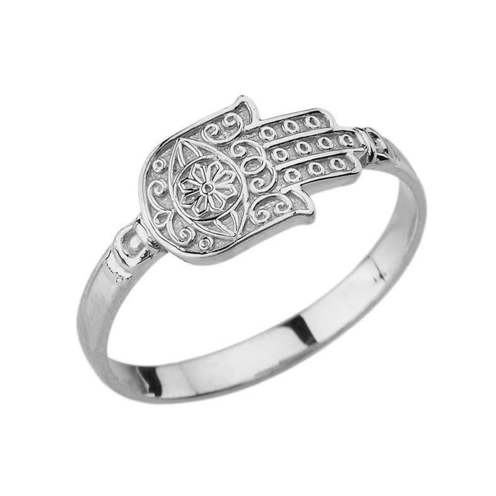 14K White Gold Evil Eye Hamsa Hand Ring for Women - Elegant Protection Jewelry for Good Luck, Spiritual Defense & Positive Energy (Perfect for Gifts, Meditation & Everyday Wear)