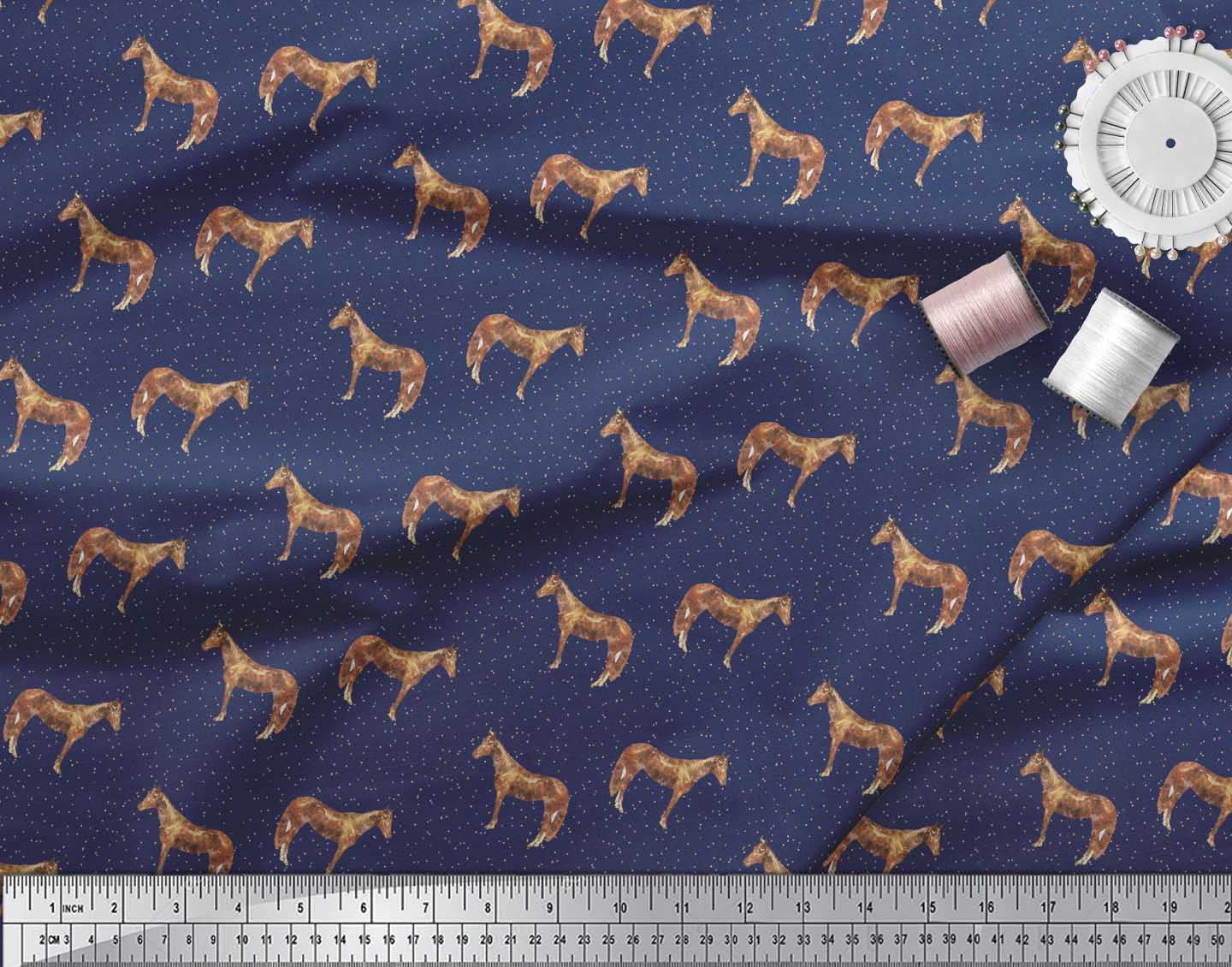 Soimoi Blue Polyester Crepe Fabric by The Yard - 42 Inch Wide Horse & Dot Animal Print - Modern Nature-Inspired Textile for Dresses, Curtains & DIY Crafts