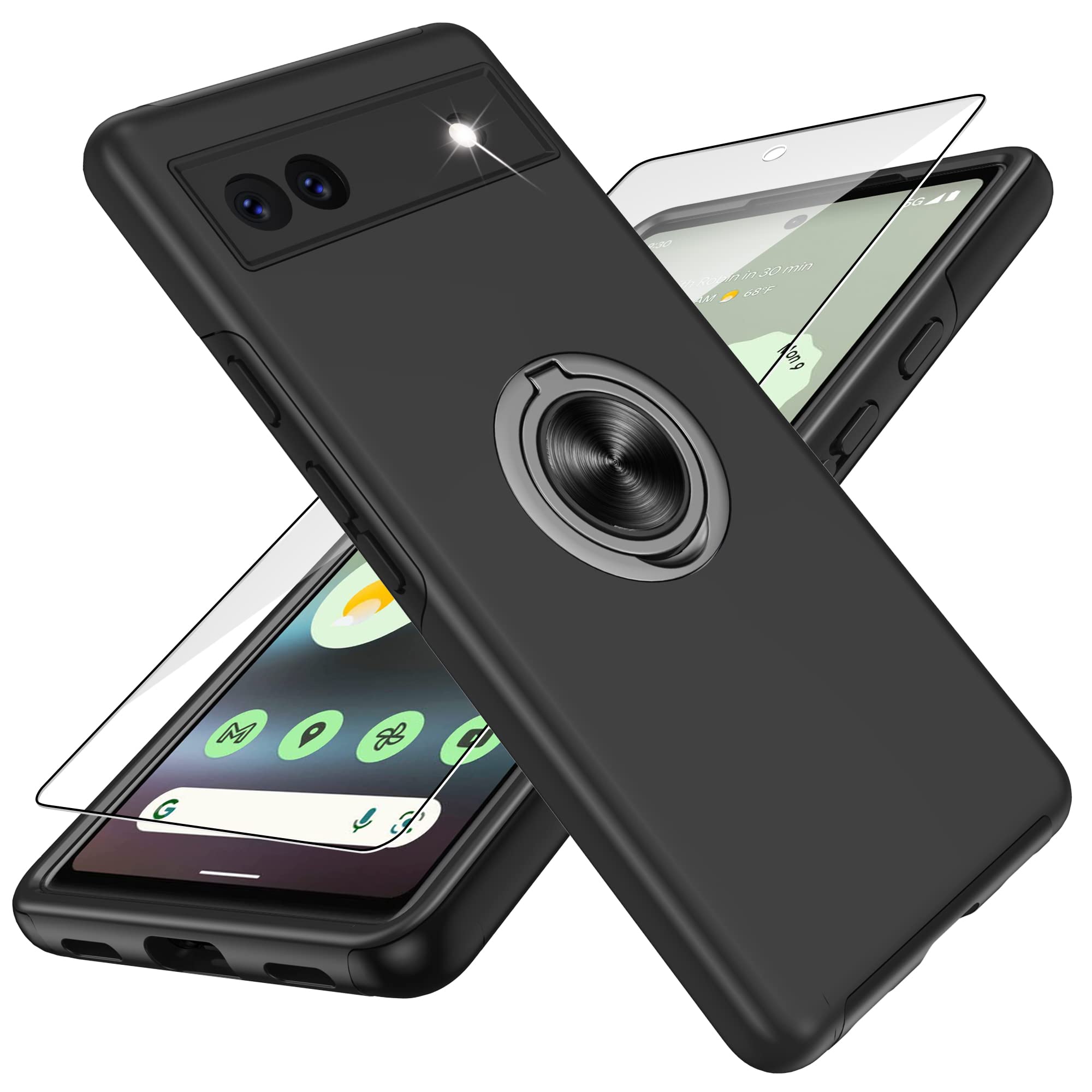 Premium Shockproof Google Pixel 6A Case with HD Screen Protector & 360° Magnetic Ring Holder Kickstand - Durable Protective Phone Cover for Google Pixel 6A (Black) - Perfect for Work, Travel, and Everyday Use