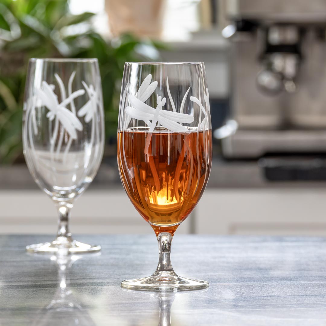 Dragonfly 16oz Footed Iced Tea Glasses - Set of 2 | Perfect for Summer Drinks, Iced Coffee & Lemonade | Elegant Glassware for Parties & Home Entertaining