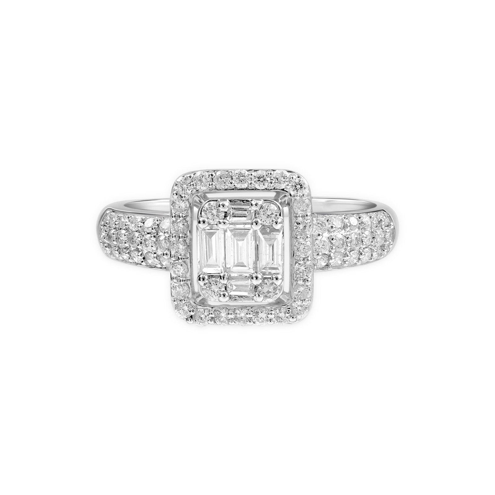18K White Gold Diamond Baguette Halo Engagement Ring - Perfect for Proposals, Anniversaries & Bridal Jewelry Gifts