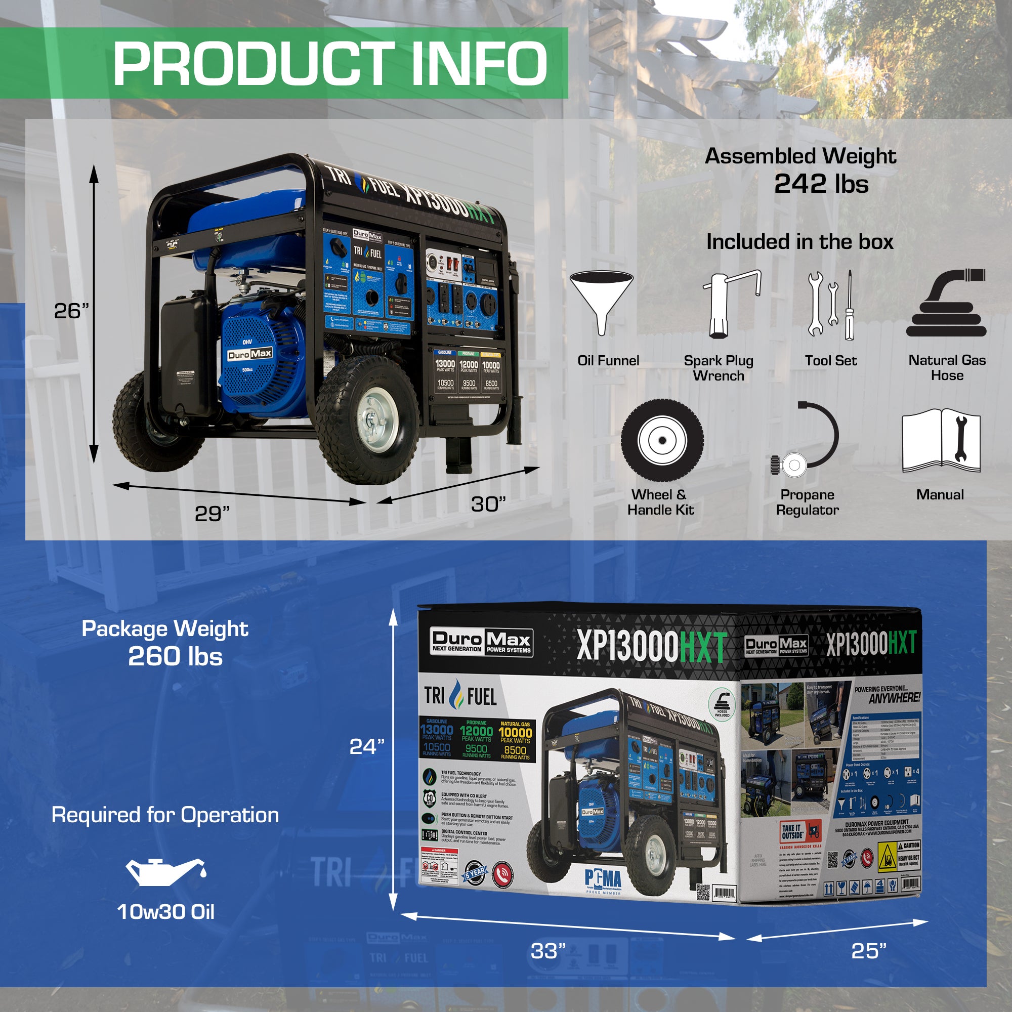 DuroMax XP13000HXT 10500W/13000W Tri-Fuel Portable Generator - Gasoline/Propane/Natural Gas with CO Alert & Remote Start - Perfect for Home Backup Power, Camping & Emergency Use