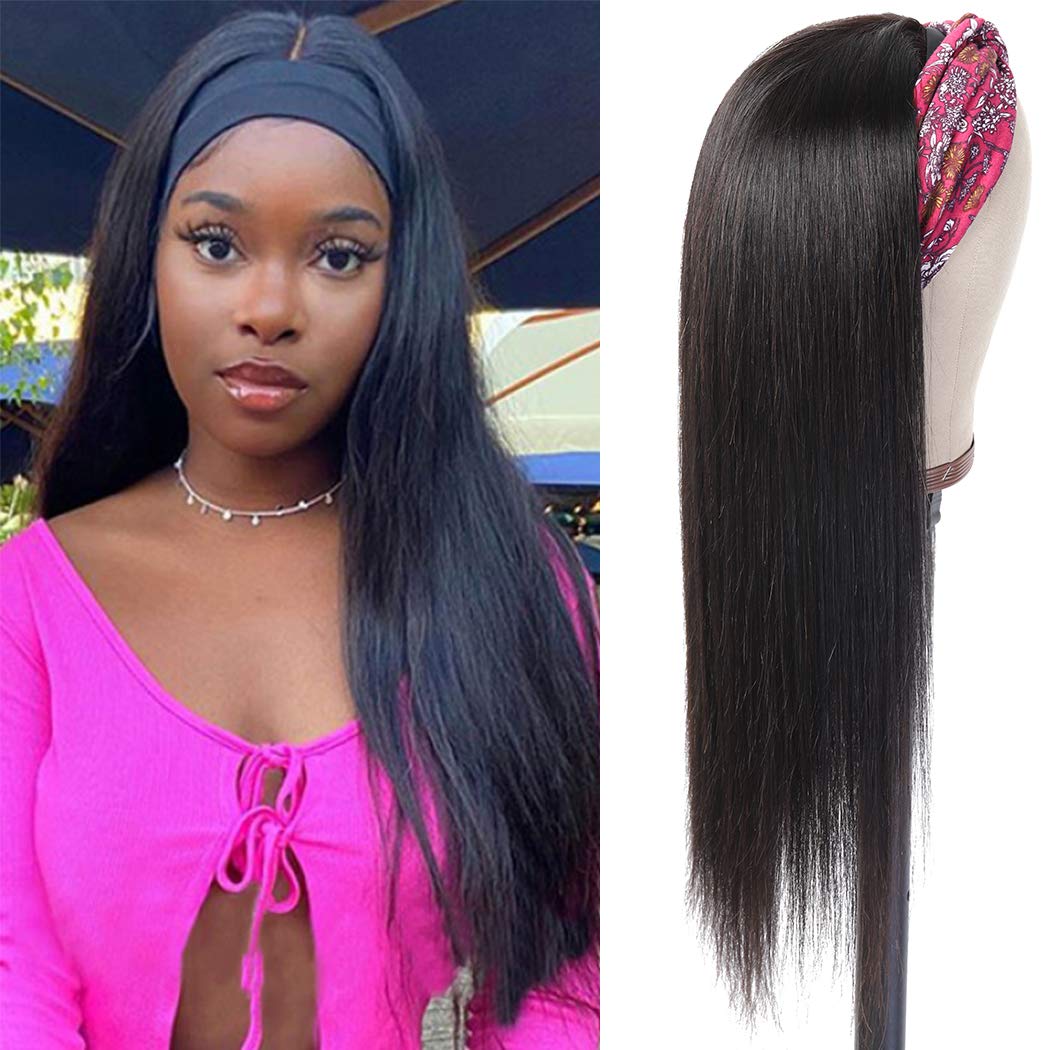 Brazilian Straight Headband Wigs for Black Women - 150% Density Glueless Machine Made Wig with No Lace Front - 18 Inch Natural Color Headband Wig for Daily Wear, Parties & Special Occasions