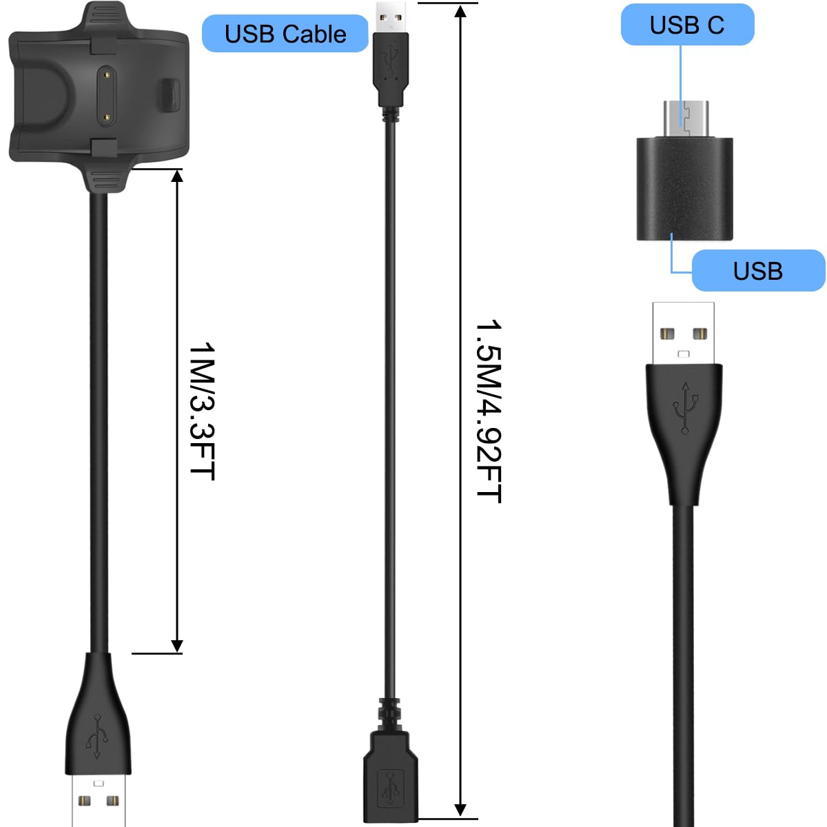 DKARDU Replacement USB Charging Cable for Honor Band 5/4, Huawei Band 4 Pro/3/3 Pro Smartwatch - 3.3FT Charging Dock with USB to USB-C Adapter | Perfect for Home, Office & Travel Use