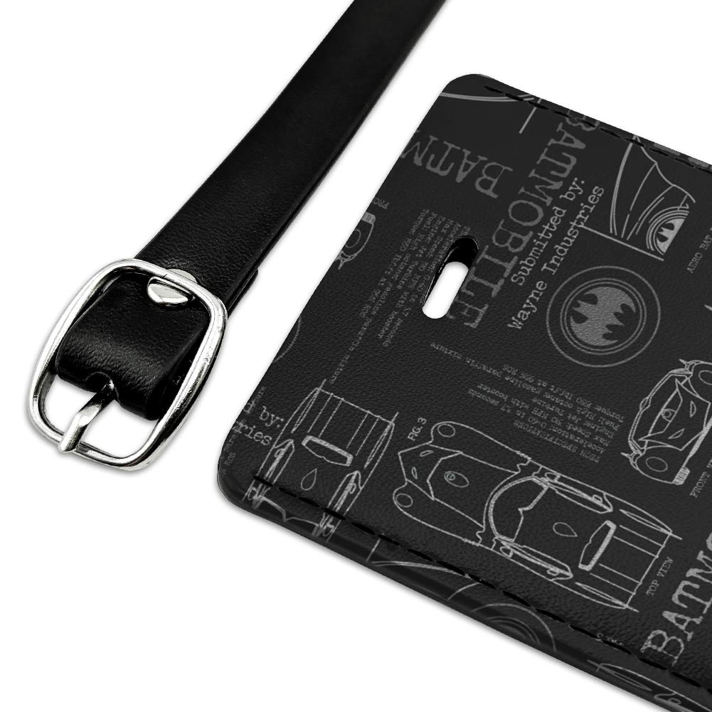 Batman Batmobile Blueprint Leather Luggage Tag - Rectangle ID Card Holder for Travel Bags & Suitcases - Perfect for Cosplay, Comic Con & Batman Fans