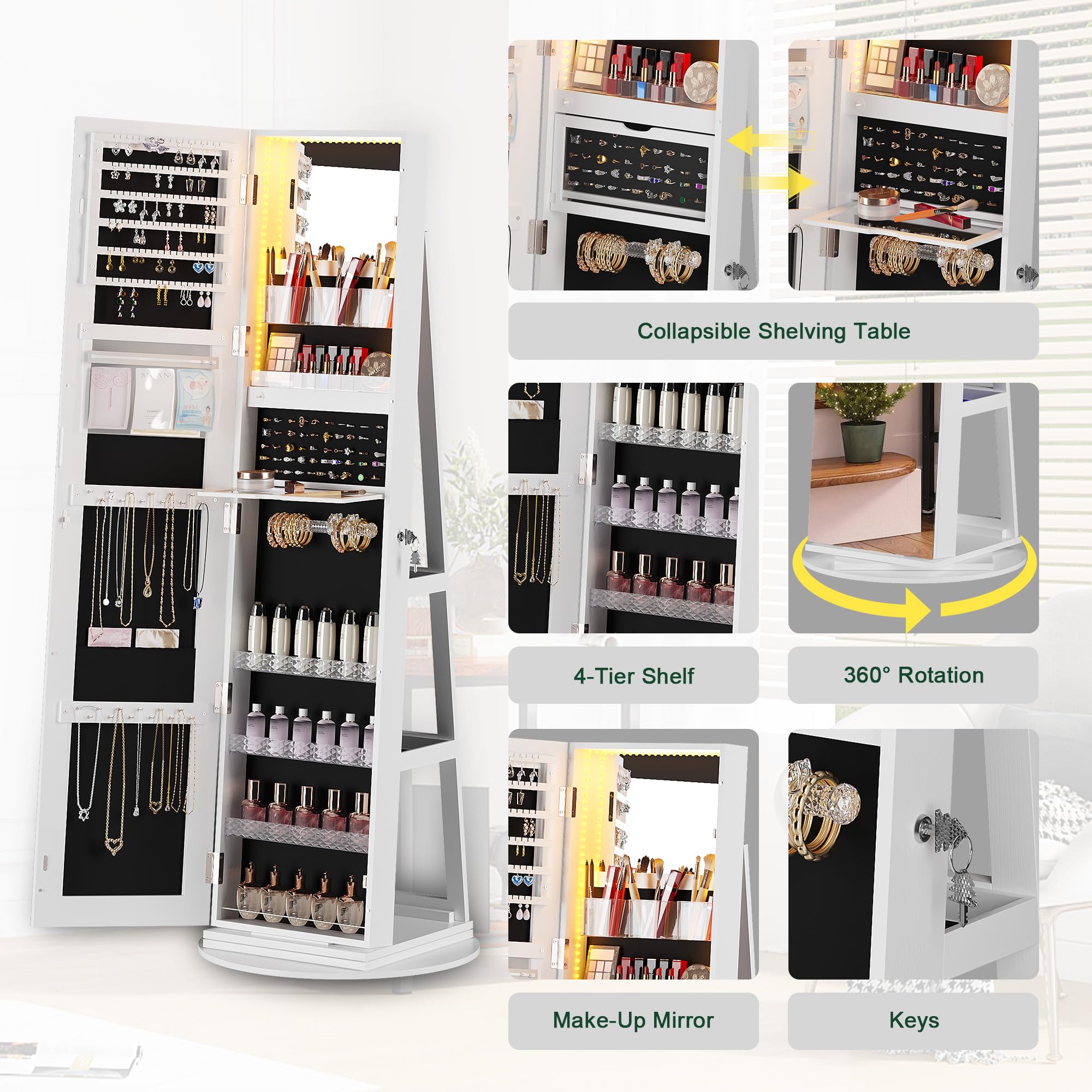 360° Rotating Jewelry Cabinet with LED Lights - 63