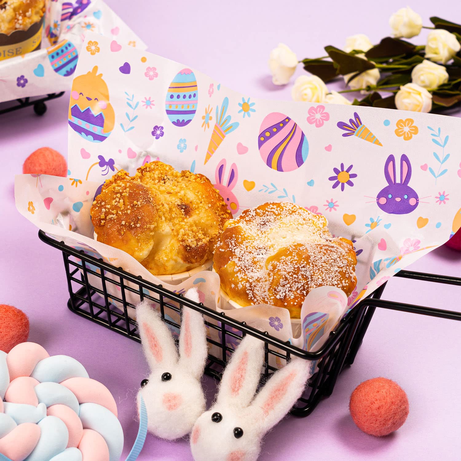100 Pcs Easter Wax Paper Sheets - Waterproof Oil-proof Parchment Paper for Food Wrapping, Sandwich, Candy & Cookies - Rabbit Egg Floral Pattern Kitchen Baking Supplies - Perfect for Easter Treats, Party Favors & Handmade Food Packaging