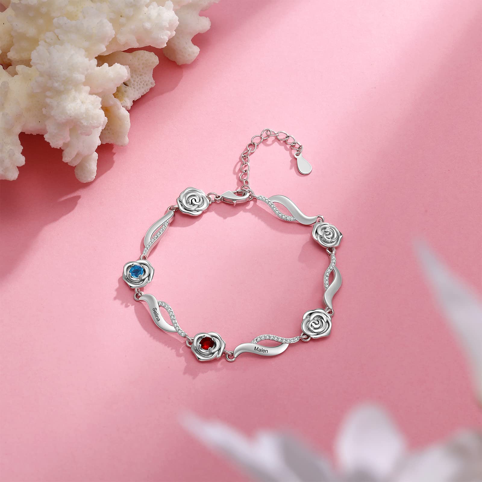 Personalized Rose Flower Link Bracelet for Women - Custom Engraved Name Bracelet with Simulated Birthstones, Adjustable Chain Jewelry Gift for Birthday, Valentine's Day, Anniversary | Romantic Gift for Her, Wedding Party Accessory, Mother's Day Present