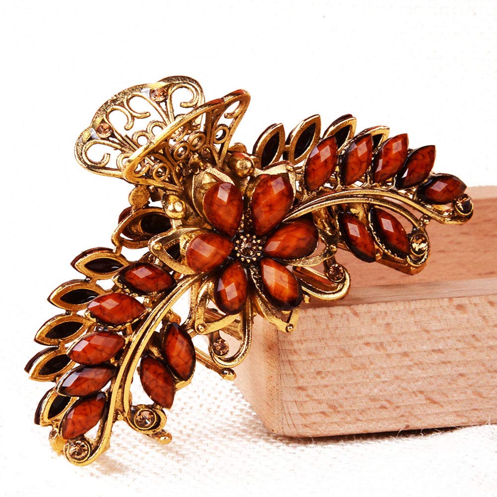 Suoirblss Large Metal Rhinestone Alloy Hair Claw Clip - Vintage Floral Hair Barrette for Women & Girls with Thick Hair (Brown) | Perfect for Weddings, Parties & Everyday Styling