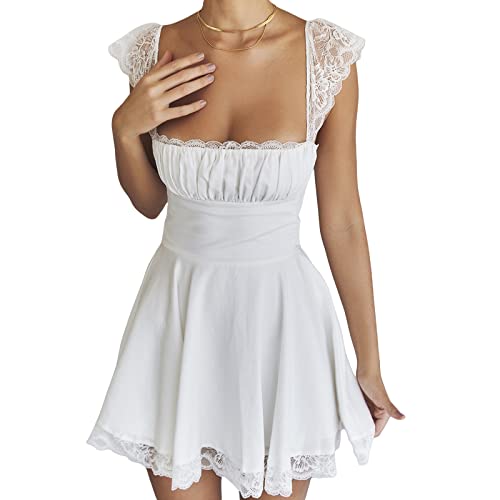 Vintage Lace Mini Dress for Women - Ruffle V Neck Spaghetti Strap Short Dress, Y2K Aesthetic Grunge Style, Perfect for Streetwear, Parties, and Summer Outfits