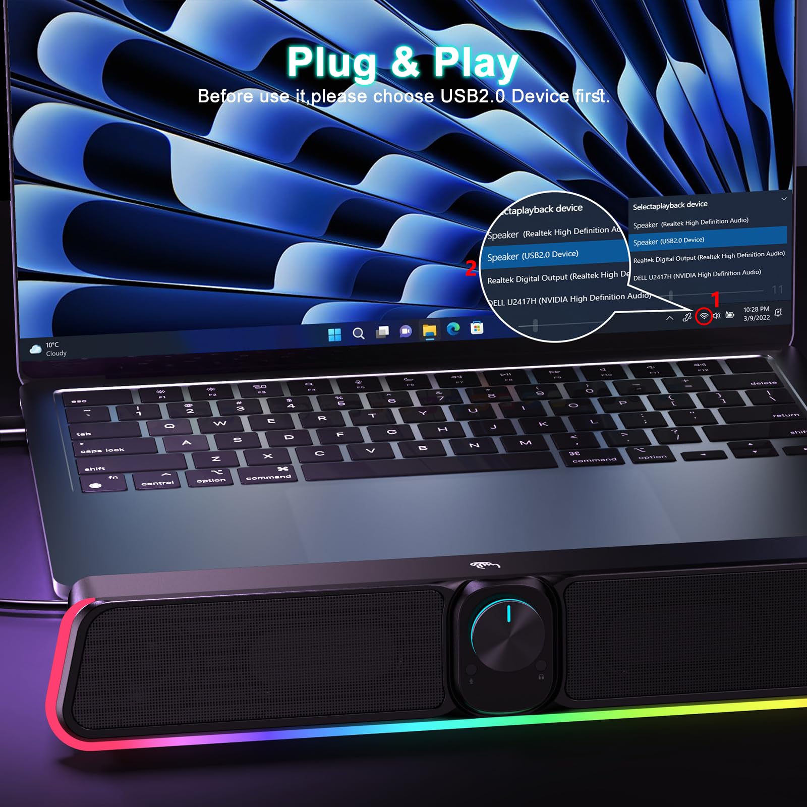 USB Powered Bluetooth Computer Sound Bar with RGB Lighting & Volume Knob, HiFi Stereo Portable Gaming Speaker for Desktop, PC, Laptop, Tablets, Mac Air/Pro - Perfect for Home Office, Gaming, and Entertainment