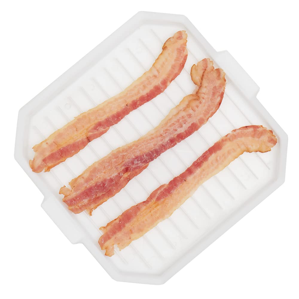 Home Basics White Plastic Microwave Cooking Tray with Ridged Grease Grooves - Perfect for Bacon, Sausage & Reheating Food | Durable Lightweight Design with Raised Lip to Prevent Spills | Ideal for Microwave Cooking, Meal Prep & Quick Cleanup