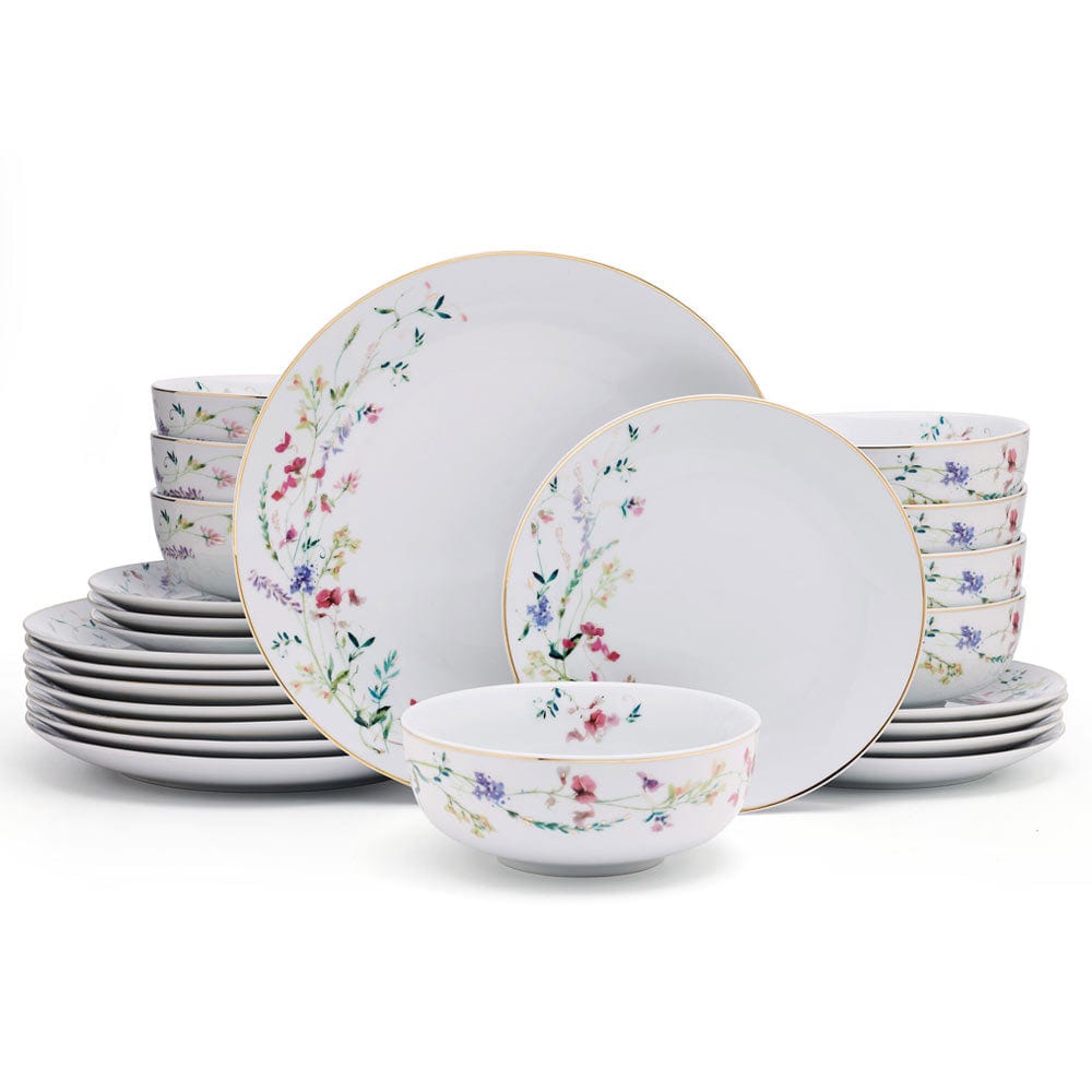 Kalina Gold 24-Piece Dinnerware Set - Service for 8 - Elegant Porcelain Dinner Plates, Salad Plates, Bowls & Mugs - Perfect for Family Dinners, Holiday Entertaining & Restaurant Use