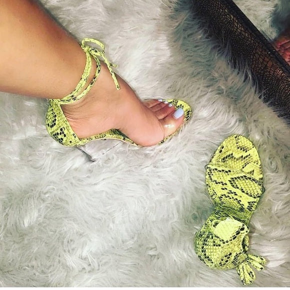 Lorna Lime Green Snake Print Wedge Heels for Women - Stylish Comfortable Chunky Heels for Party, Night Out, and Special Occasions