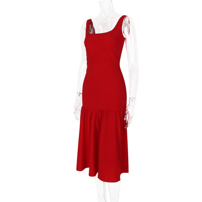 Elegant Backless Maxi Fishtail Dress for Women - Square Collar Sleeveless Loose Pleated Long Gown | Perfect for Evening Parties, Weddings & Special Occasions