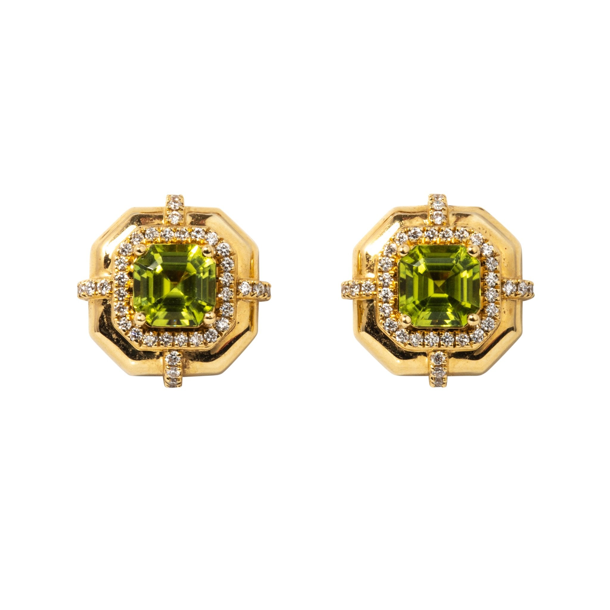 Goshwara Asscher Cut Peridot & Diamond 18K Yellow Gold Stud Earrings for Women | Elegant Green Gemstone Jewelry Gift for Birthday, Anniversary & Special Occasions