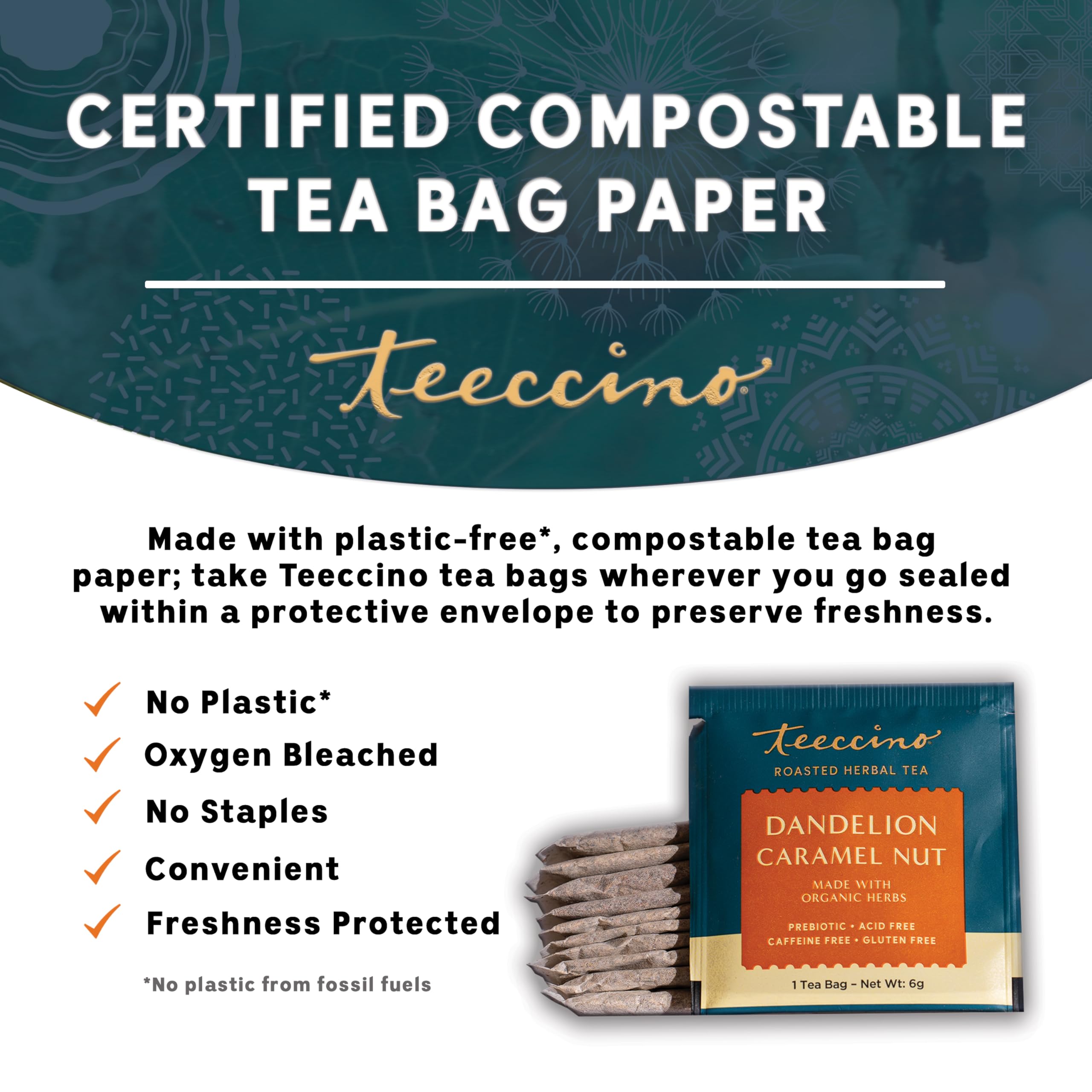 Teeccino Dandelion Caramel Nut Herbal Tea - Caffeine Free, Prebiotic Rich, Gluten Free Roasted Herbal Tea with 3x More Herbs - 10 Tea Bags for Relaxation & Digestive Health
