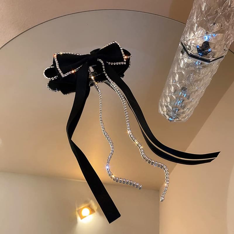 FAMEZA Large Rhinestone Bow Hair Clip with Tassel - Elegant French Design Barrettes for Women & Girls (Black) | Perfect for Weddings, Parties & Everyday Fashion Accessories