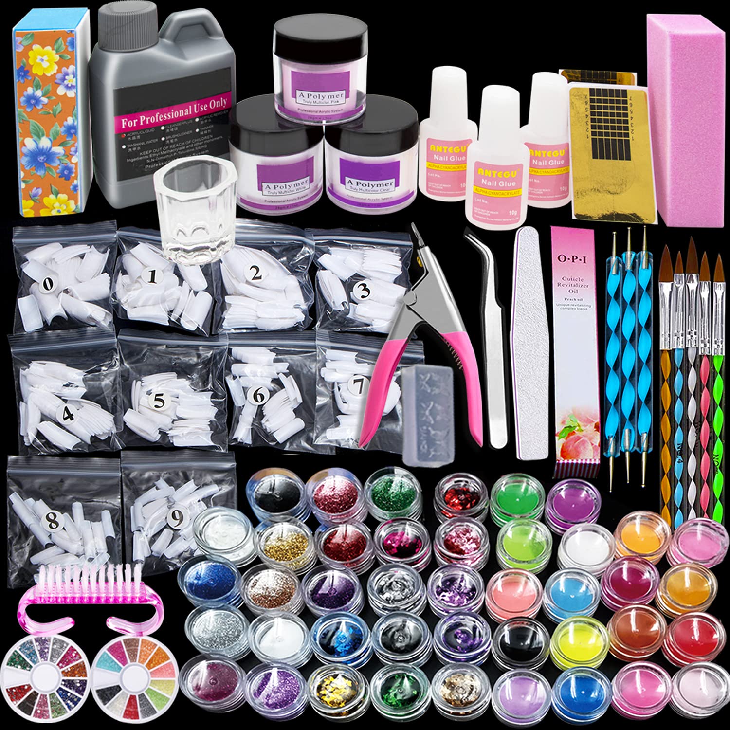 42 in 1 Professional Acrylic Nail Kit with Powder, Brush, Glitter & French Tips - Complete DIY Manicure Set for Salon & Home Nail Art - Perfect for Gel Extensions, Nail Decoration & Acrylic Nail Designs