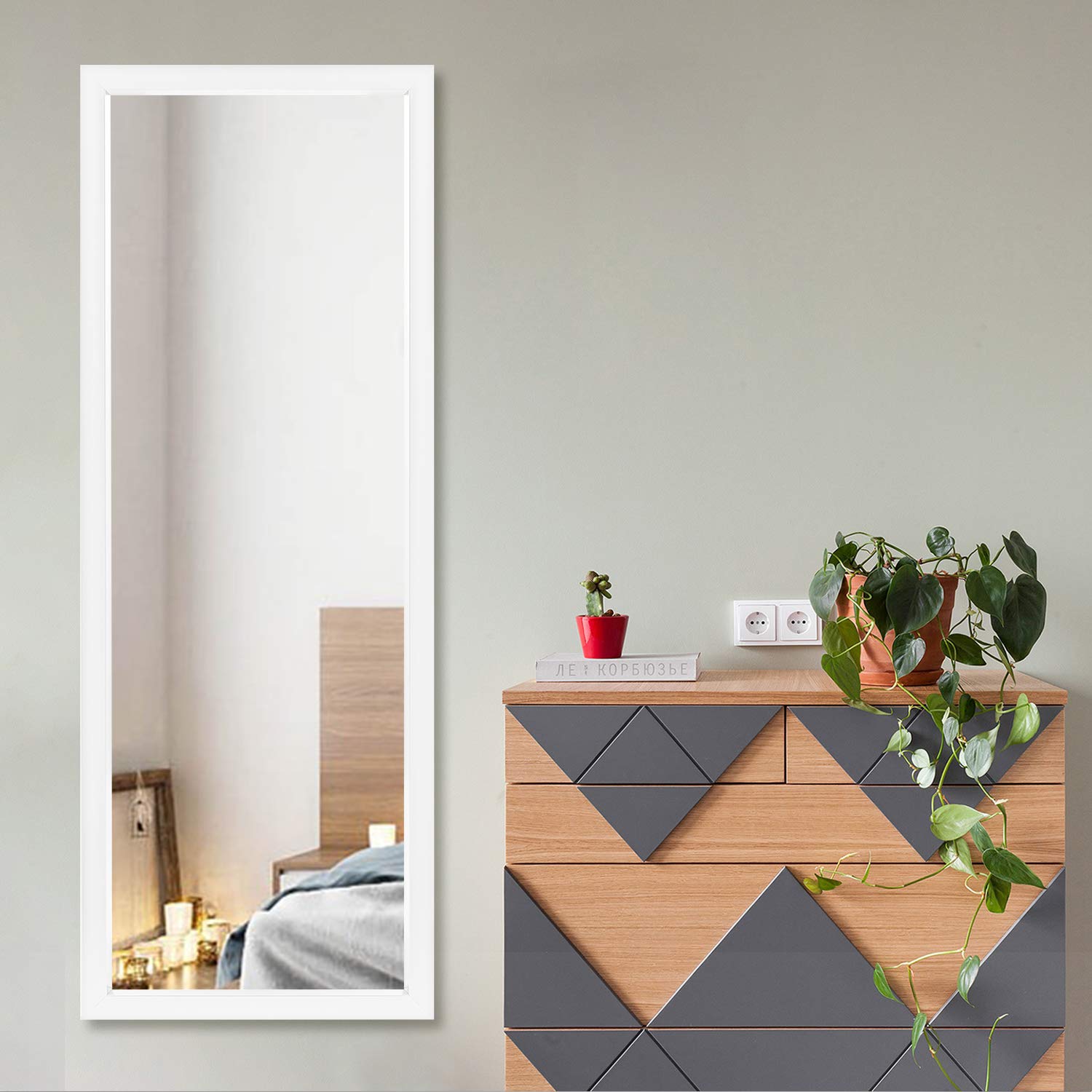 KIAYACI Full Length Wall Mirror 44x16 Inches - Modern White Floor Mirror for Dressing & Makeup - Bathroom, Bedroom, Living Room, Entryway Decor - Space Saving Wall Mounted Mirror for Home & Apartment