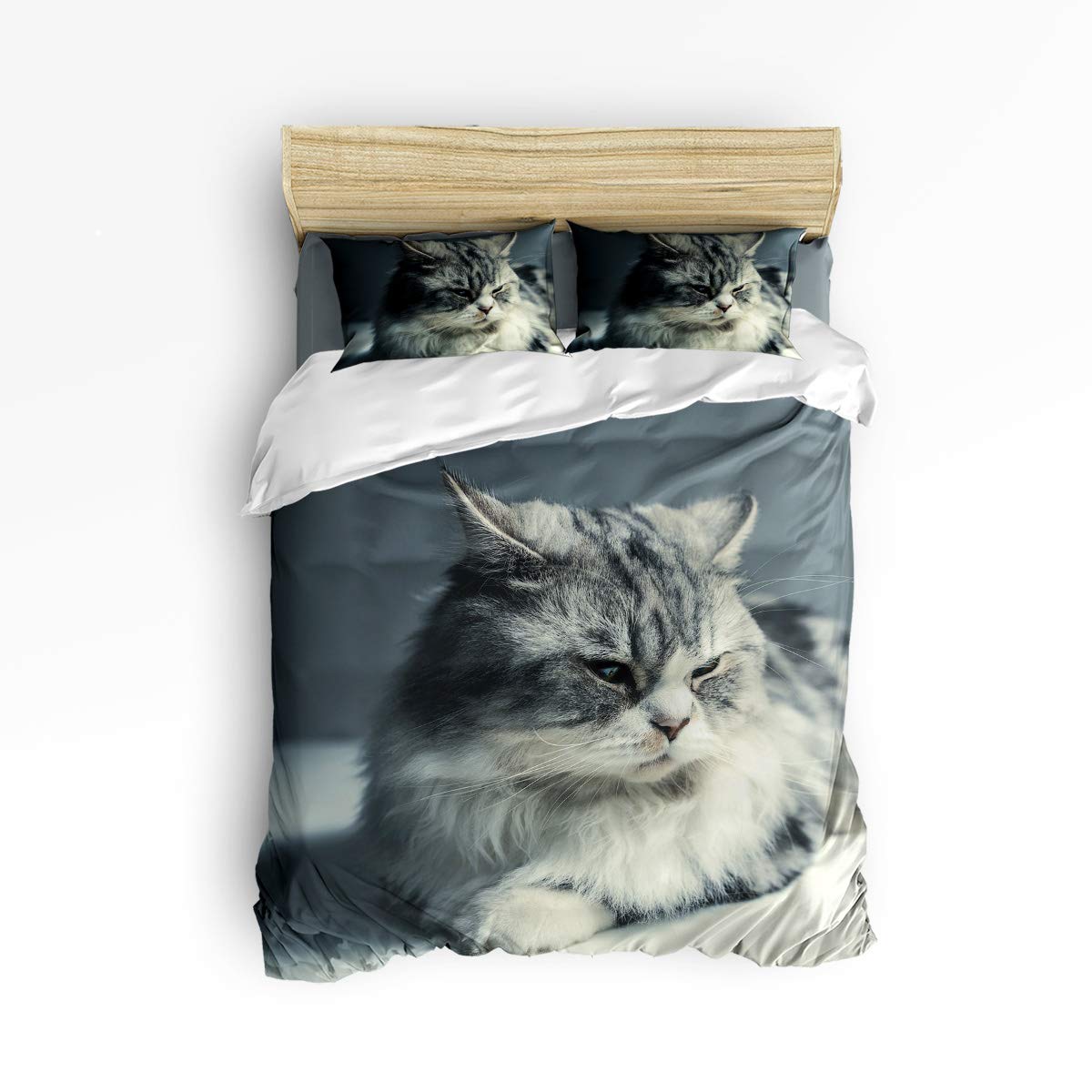 Pink Sky Twin Size Kids Duvet Cover Set - Cute Norwegian Forest Cat 3D Animal Pattern Bedding for Little Girls & Boys, 4-Piece Set Includes 1 Flat Sheet, 1 Duvet Cover & 2 Pillowcases - Perfect for Kids' Bedrooms, Sleepovers & Nursery Decor