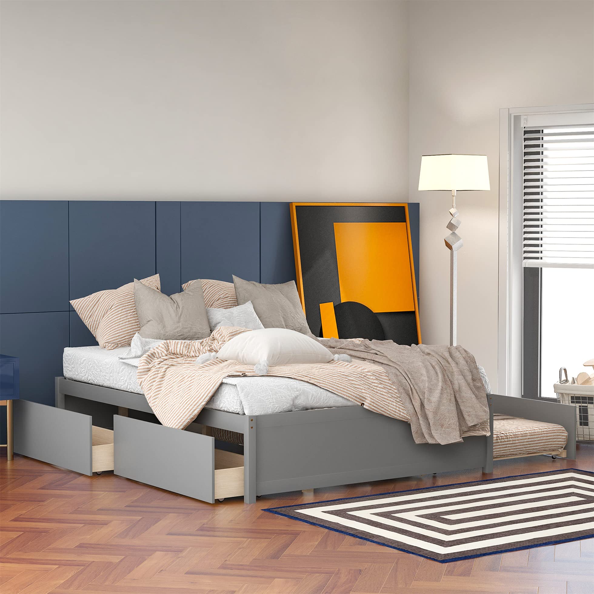 Harper & Bright Designs Full Size Platform Bed Frame with Trundle and 2 Drawers - Space Saving Wooden Bed for Kids, Teens & Adults (Grey) | Perfect for Small Bedrooms, Guest Rooms & Dormitories